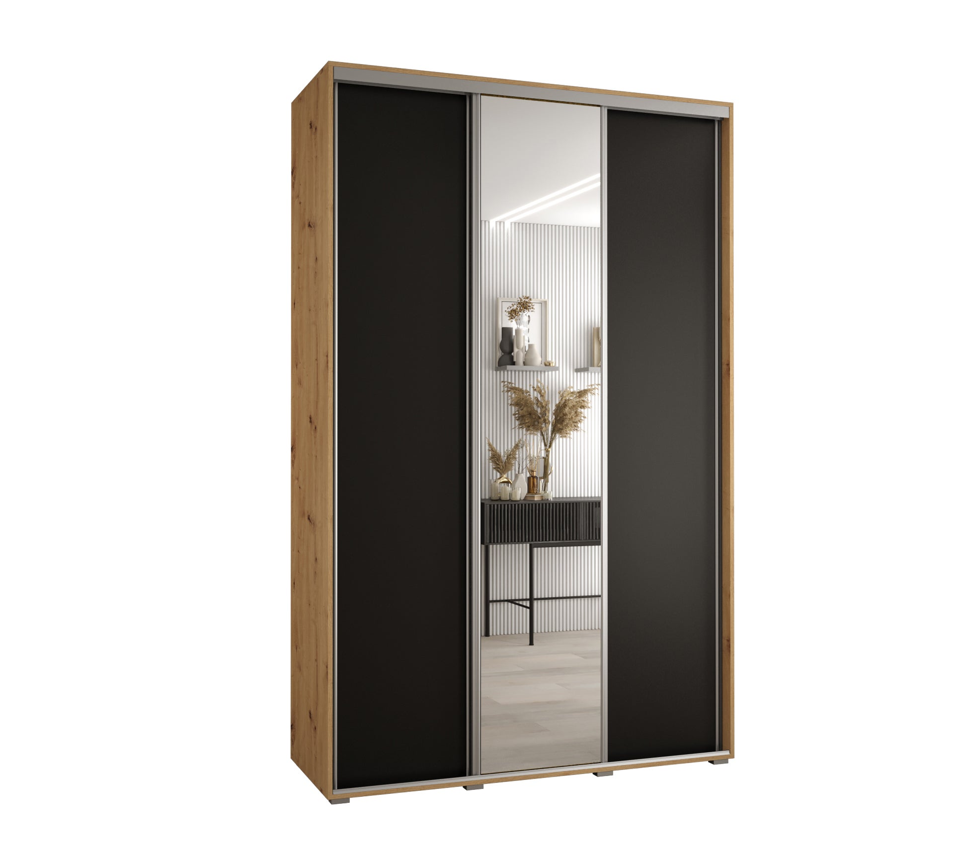 Szafa przesuwna z lustrem wysoka Davos 3 160 x 60 x 235,2 cm artisan + czarmy + u. srebrny - Abiks Meble