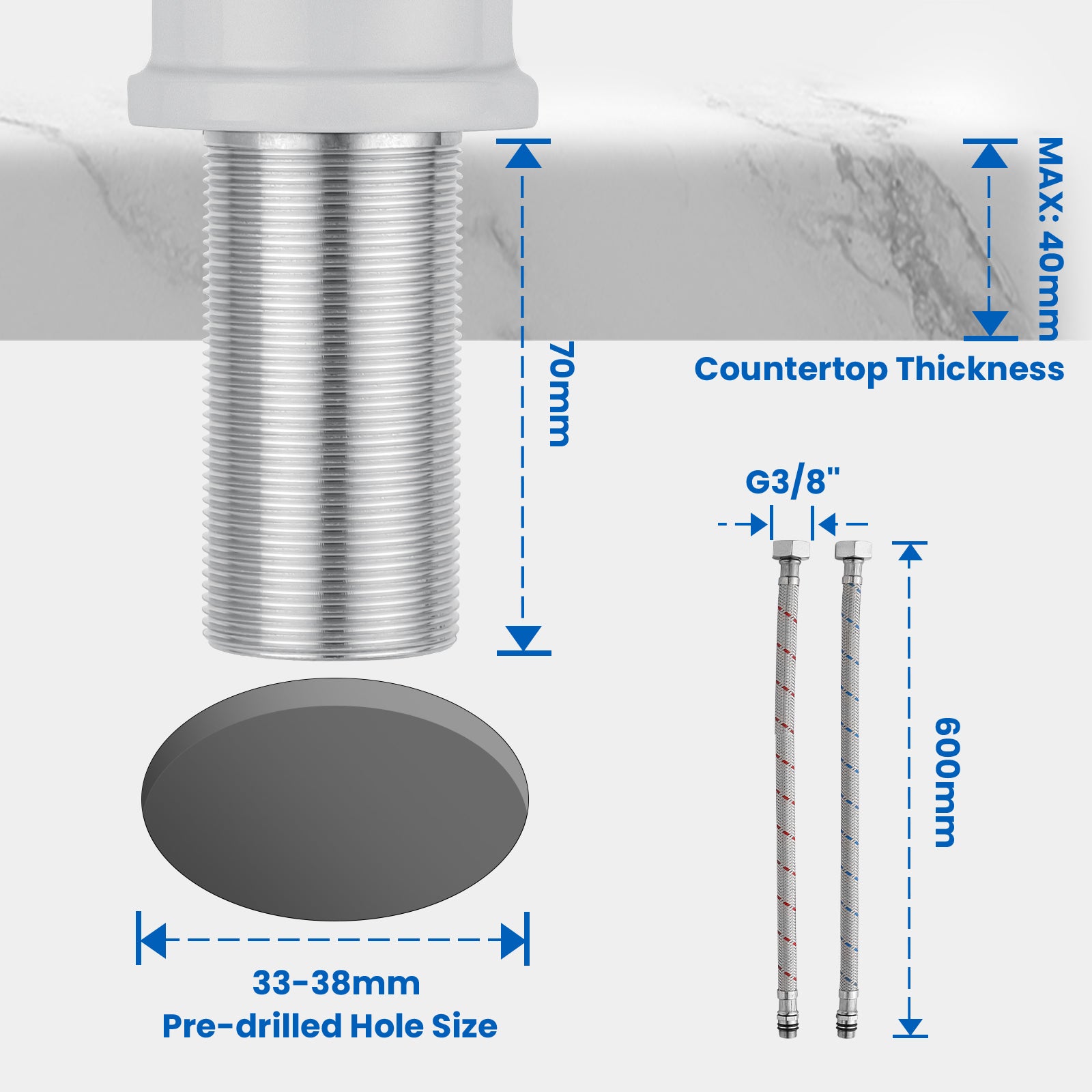 Robinet Lavabo Rotation à 360° Robinet Salle Bain Laiton Blanc Mitigeur Lavabo Eau Froide/Chaude Robinetterie pour Salle Bain - 6