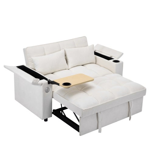 Canapé-lit 3-en-1 140,5x74x82 cm avec dossier réglable, USB, 2 places, tablette cachée, porte-boissons, beige - 2