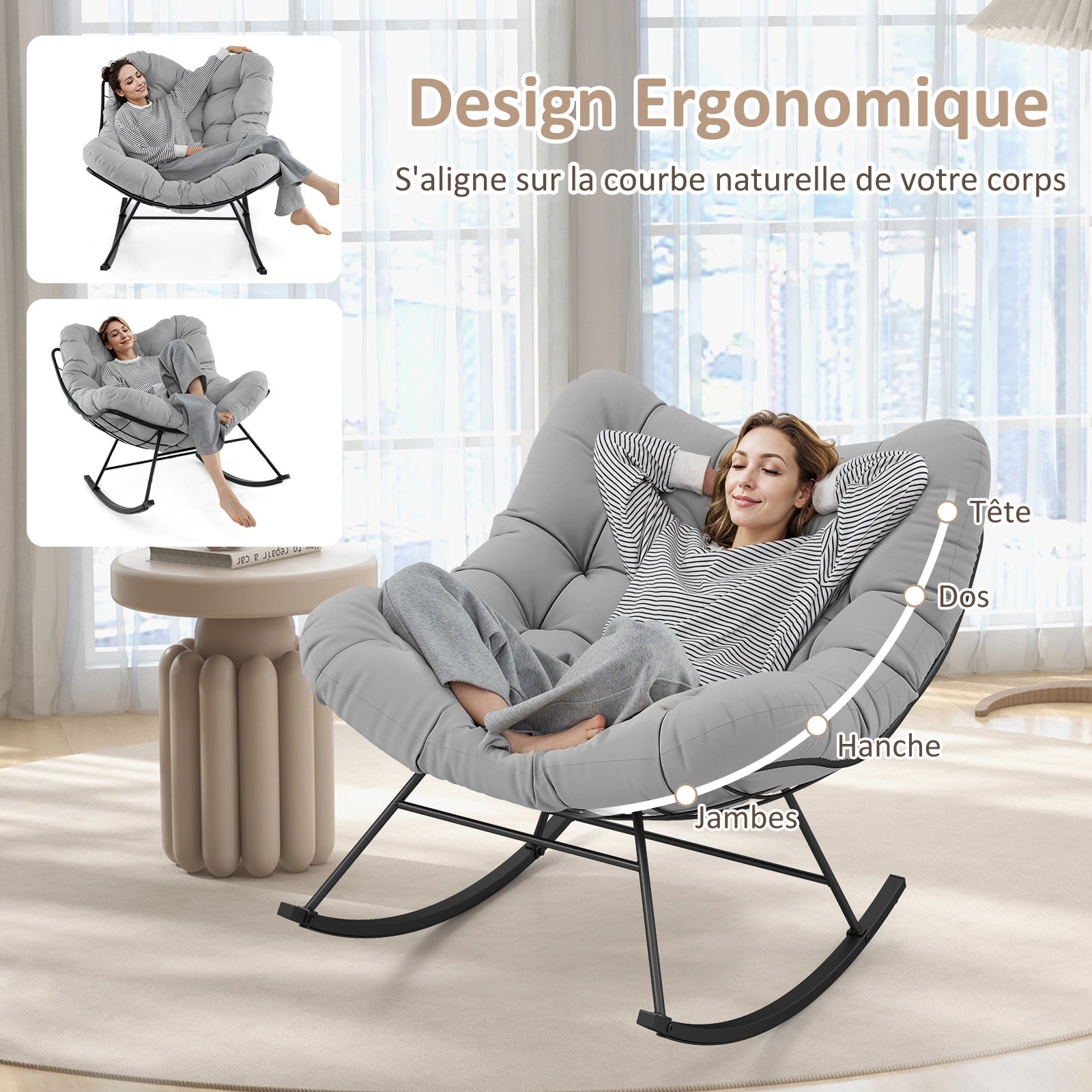 Fauteuil à Bascule Forme Œuf Intérieur & Extérieur, Chaise Papasan Surdimensionnée avec Coussin Rembourré, Cadre en Métal, , Charge 205 kg, Gris Clair - 5