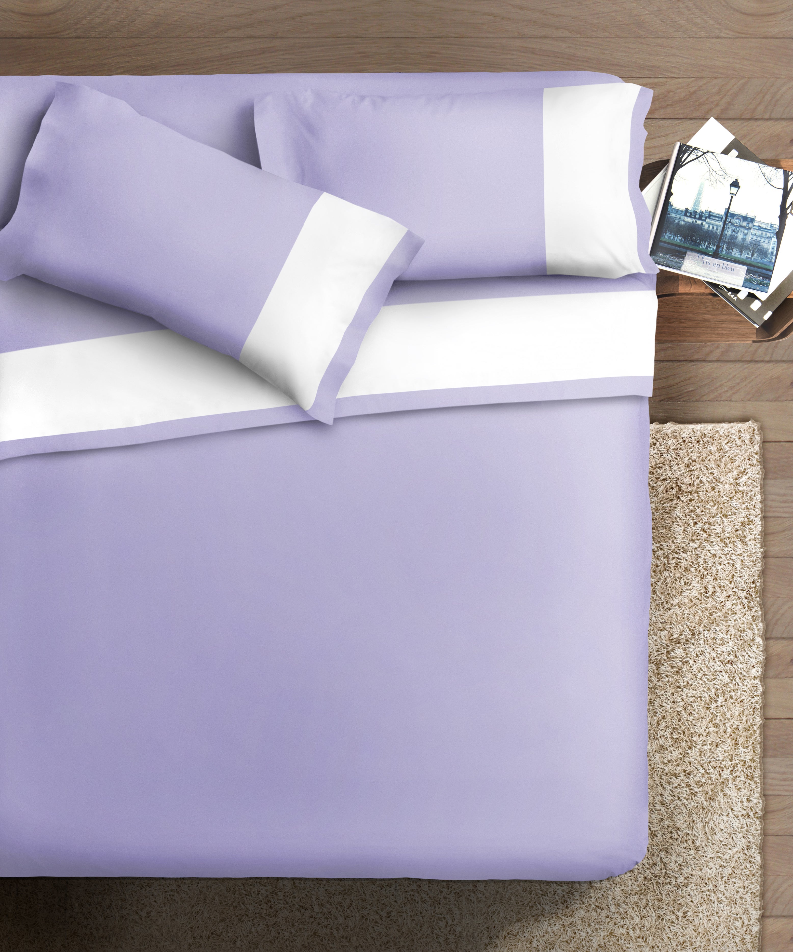 IPERSAN Set complet avec 100% pur coton, 1 carré, bordure RASO Fond blanc Glycine - 2