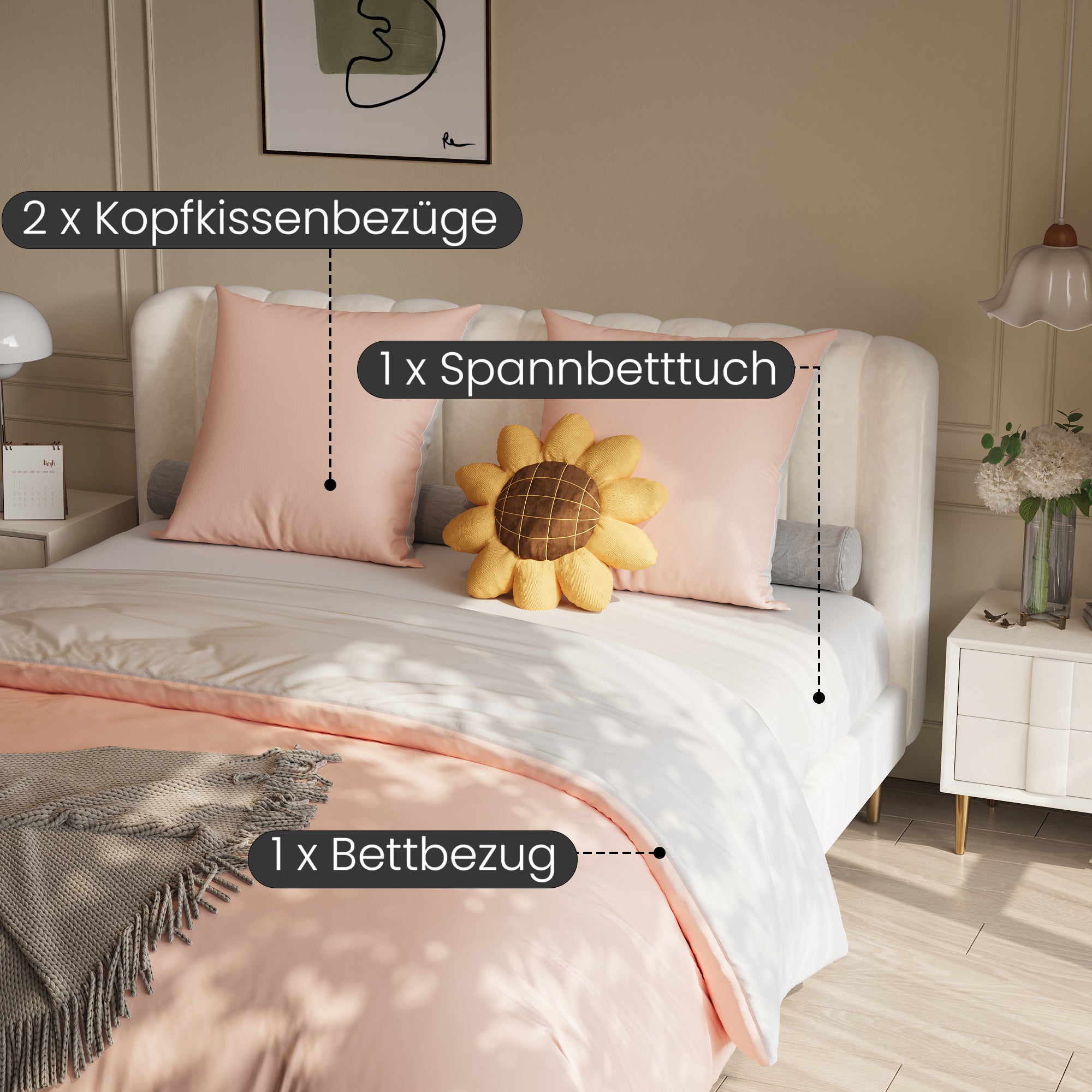 Ensemble de lit double quatre pièces, 140x210 cm, comprenant housse de couette, taies d'oreiller et drap-housse, rose. - 6