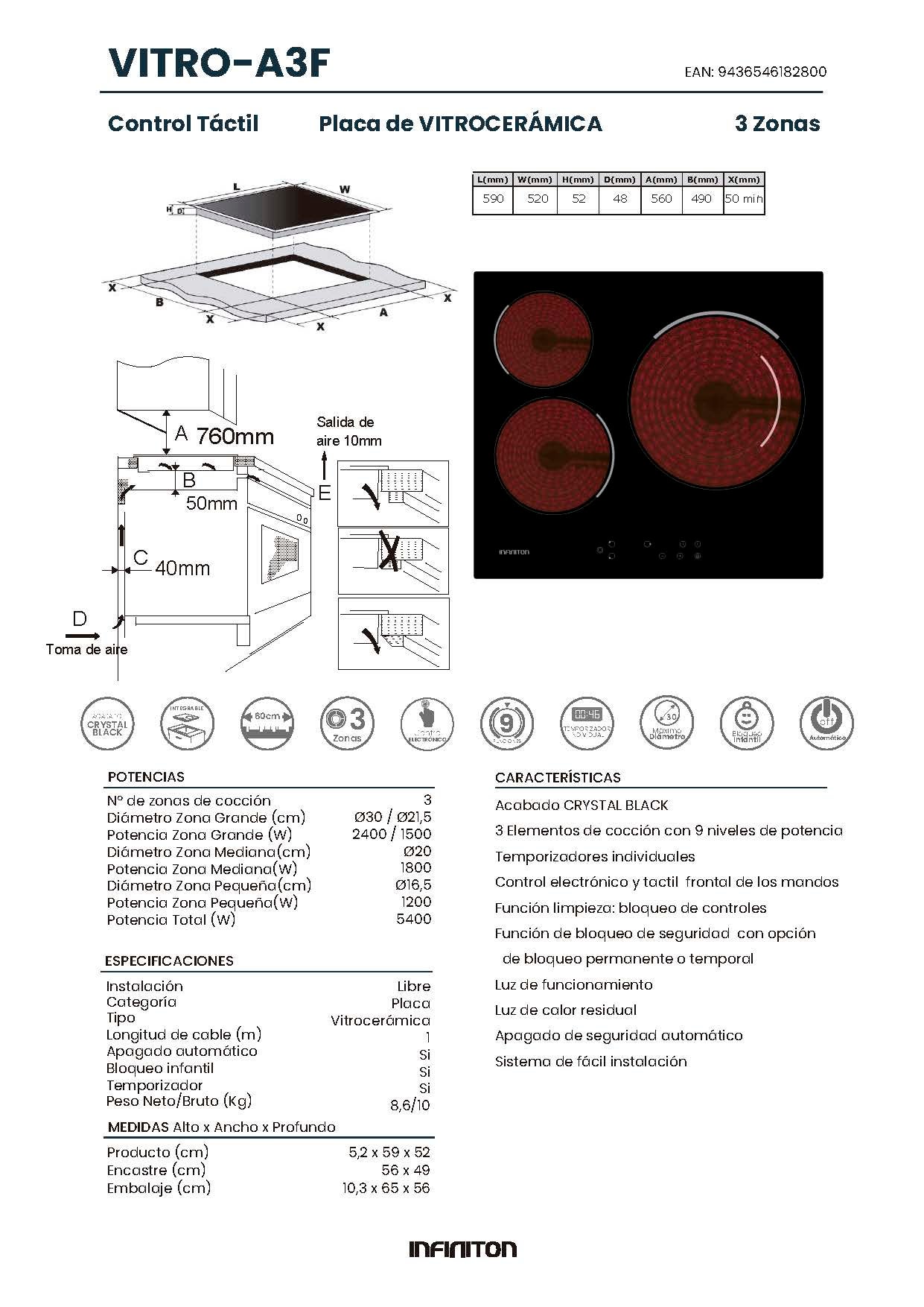 Encimera Vitroceramica Infiniton VITRO-A3F - 9 niveles, 3 zonas,Control táctil, 60cm - 2