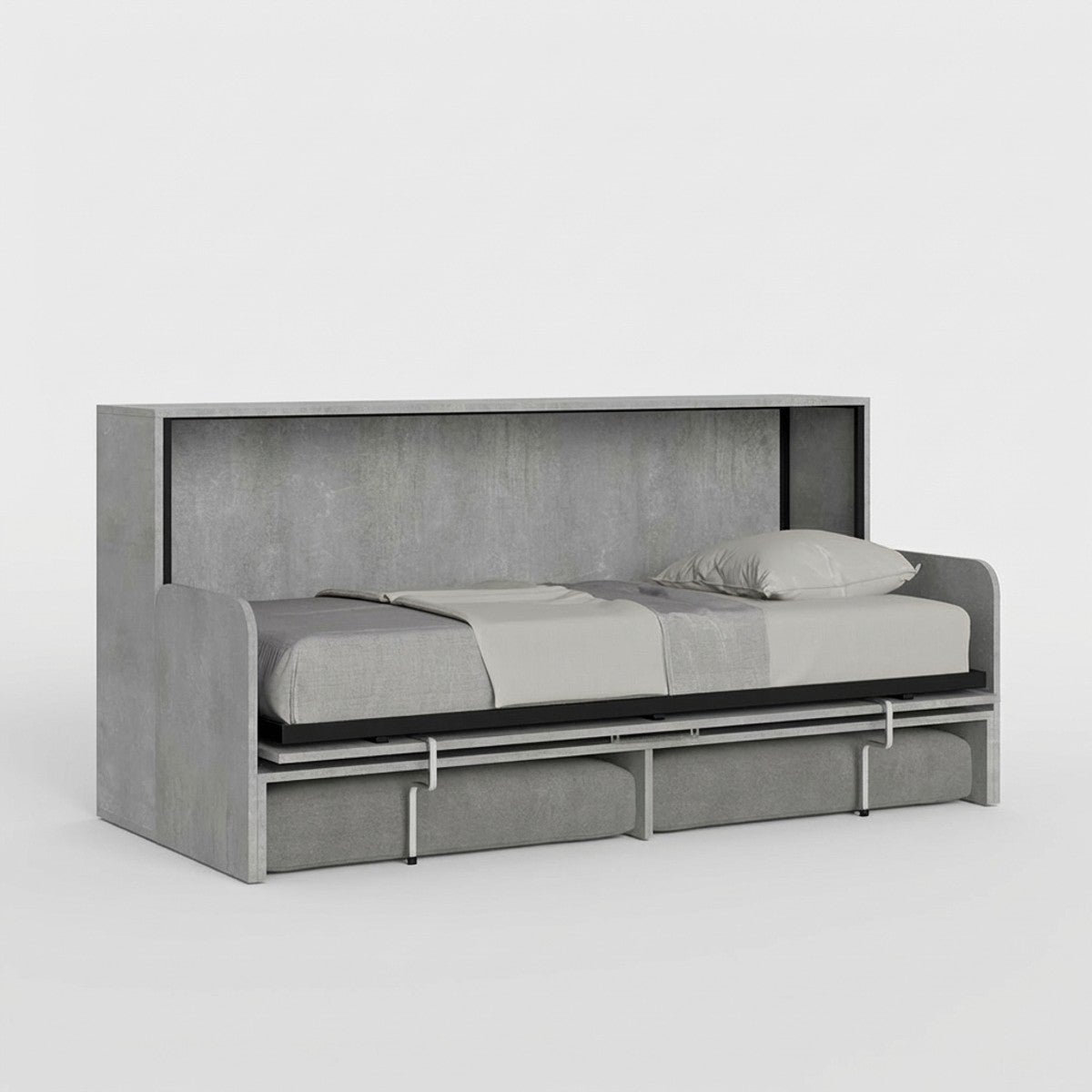 Łóżko Kando chowane w ścianie, rozkładana sofa z materacem cementowym, szare