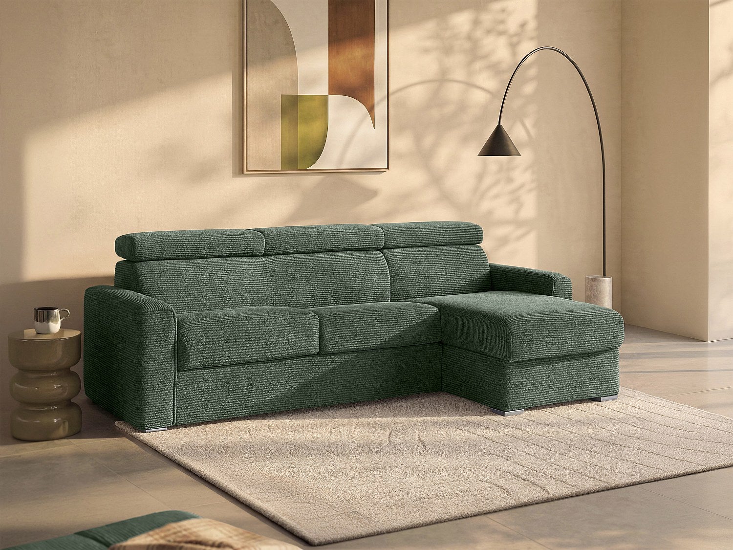 Kanapa narożna dwustronna rozkładana typu express z zielonego sztruksu - Miejsce do spania z szerokimi listewkami 140 cm - Materac 22 cm - VIZIR