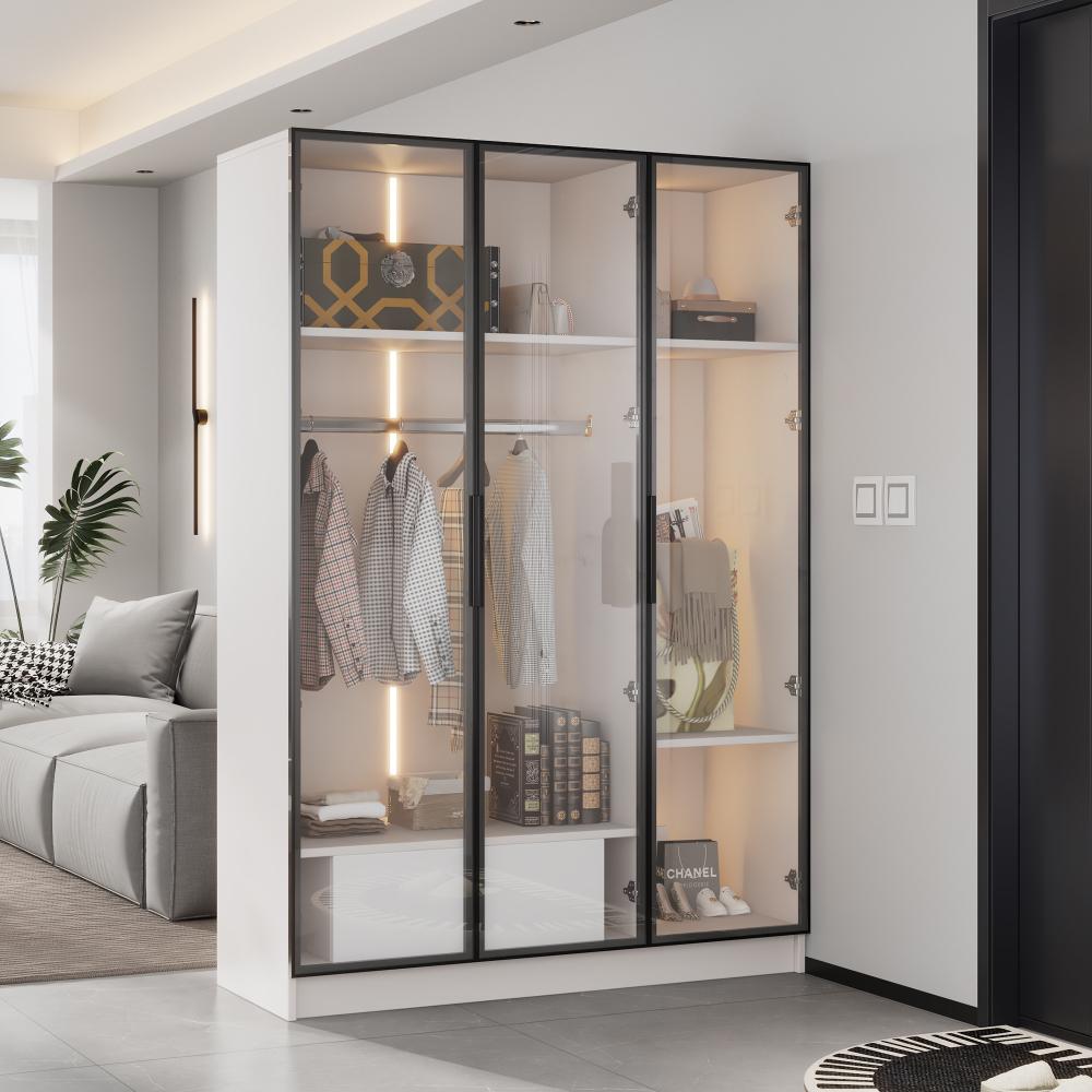 Spacious White Wardrobe with 3 Glass Doors, 1 Drawer, 1 Hanging Rod, LED Light - 11050160 cm - 2