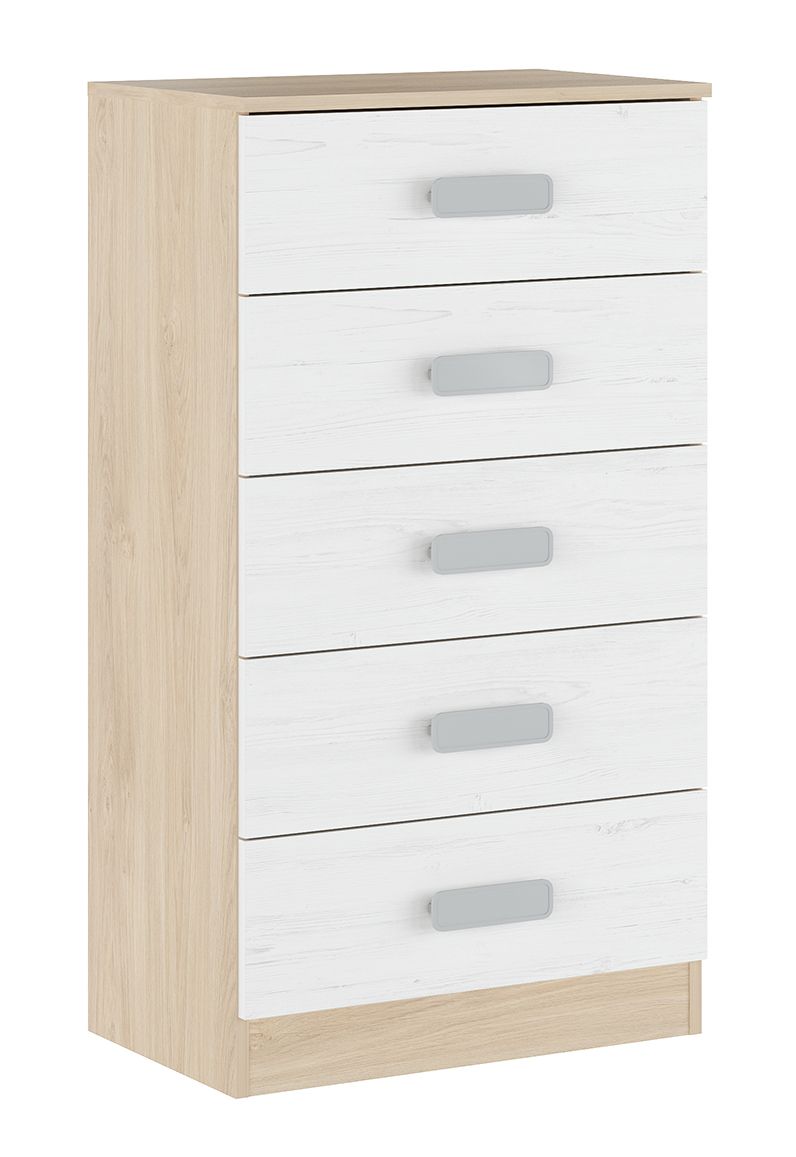 Cômoda alta com 5 gavetas, móvel de arrumação para quarto, acabamento em branco e nórdico, 60 cm (L) x 108,5 cm (A) x 38 cm (P)