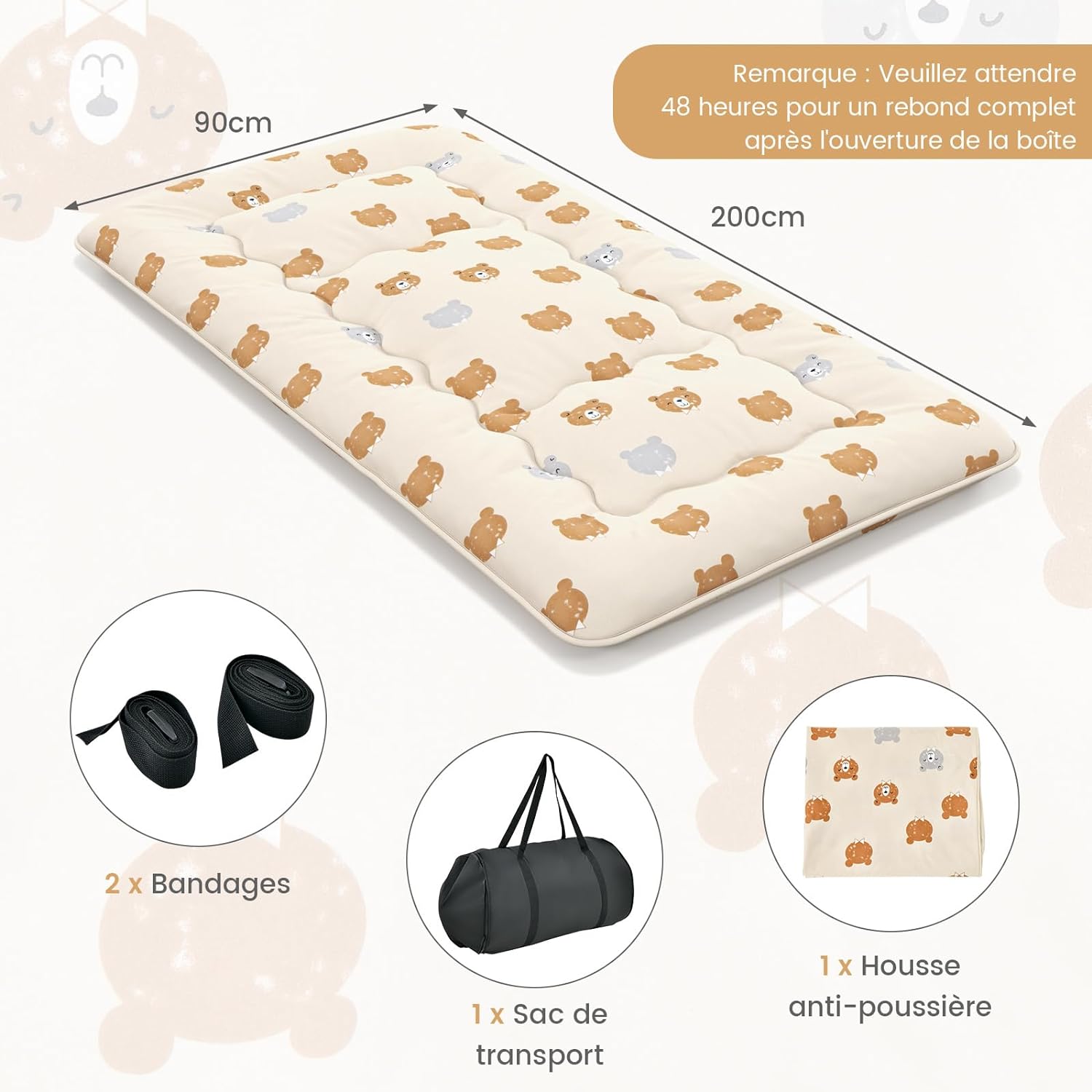 Japoński materac futon, mata tatami, materac podłogowy, składany materac z poszewką nadającą się do prania, (niedźwiedź brązowy, 90 x 200 cm) - 4