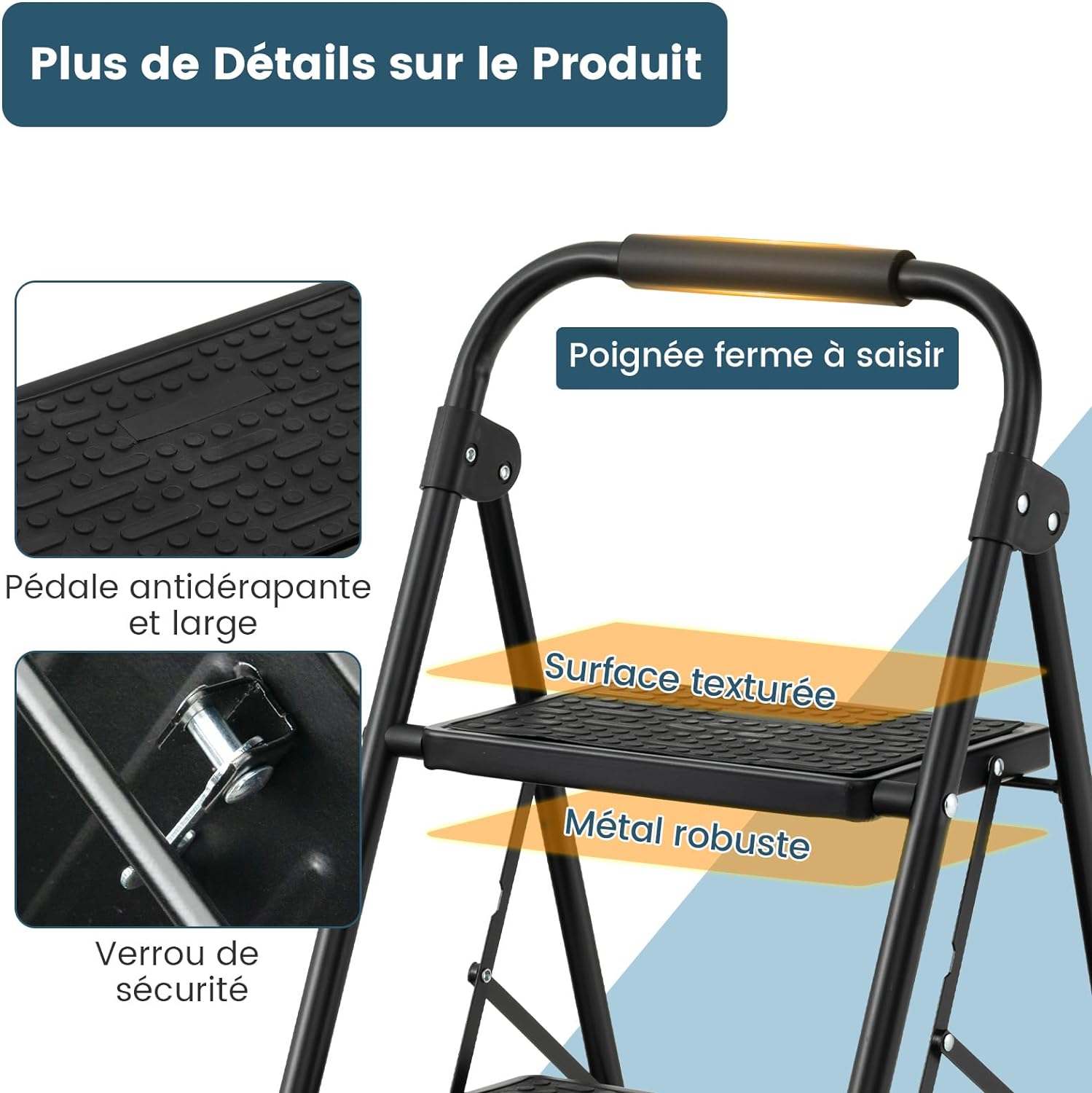 Escabeau 2 Marches Pliable 71 cm avec Poignée Rembourrée et Marche Antidérapante, Échelle d'Outil en Métal Portable Charge 150 kg, Noir - 6