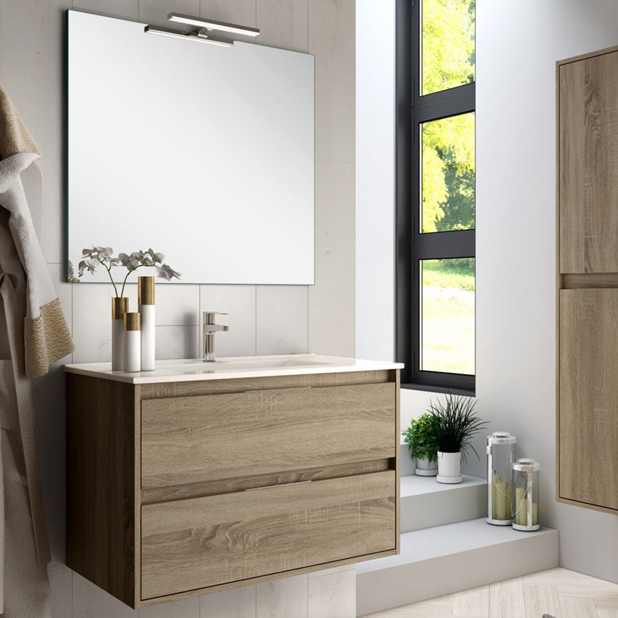 Ensemble meuble de salle de bain 100cm simple vasque + colonne de rangement IRIS - cambrian (chêne) - 2