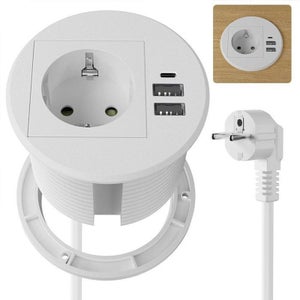 Presa Da Incasso Con USB A E C Per Scrivania – 80 Mm, 1 Presa + 2 USB-A + 1 USB-C (20W), Cavo 1,7 M, Bianco, Per Tavoli E Piani Di Lavoro
