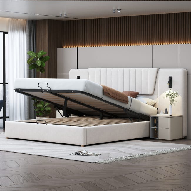 Letto Adulto In Velluto 160x200 Cm - Con 2 Comodini E 4 Cassetti - 2 Luci Di Lettura Con Presa USB - Beige (materasso Non Incluso