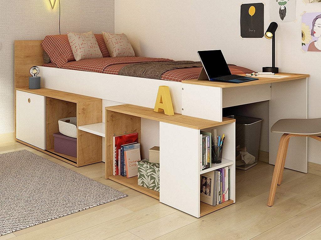 Łóżko piętrowe 90 x 200 cm z biurkiem i schowkami - Biały i naturalny + Stelaż - PALOMA