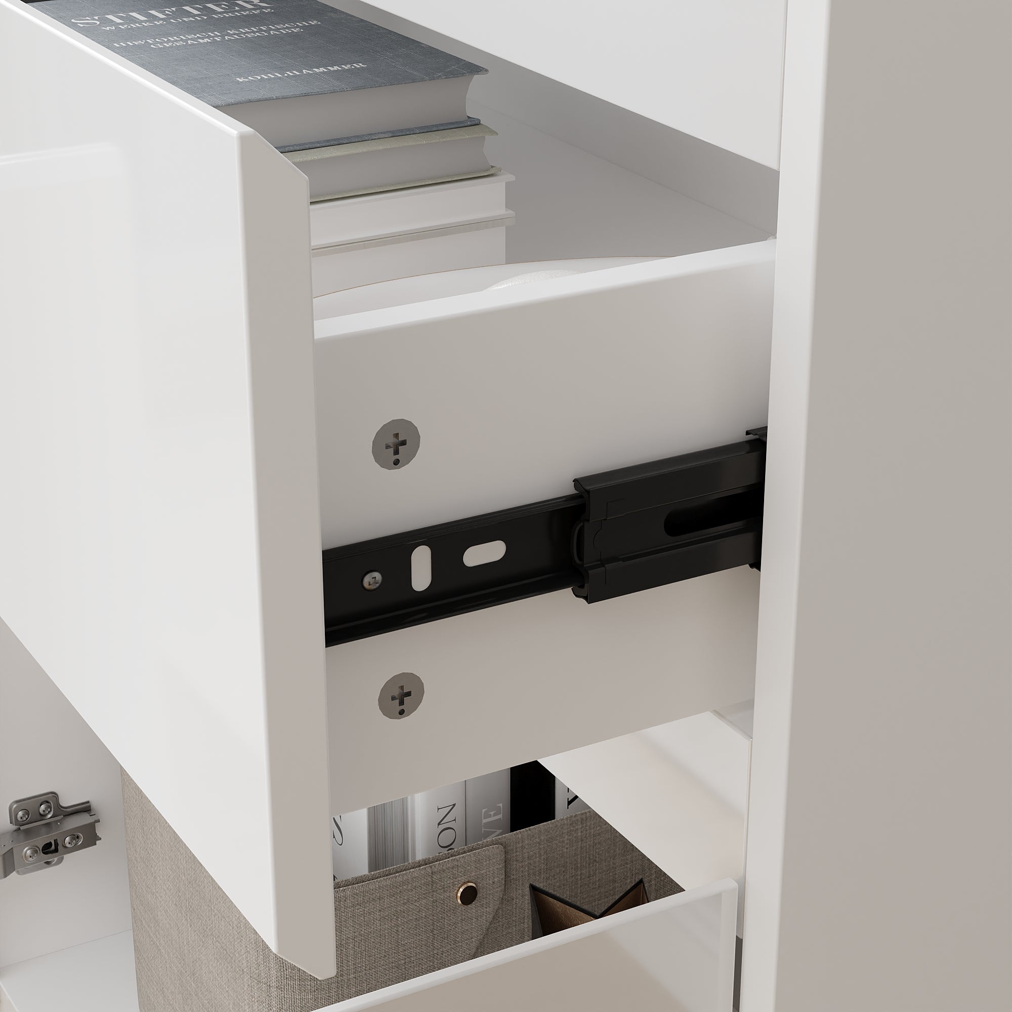 Grand Buffet de Salon avec 4 Portes et 2 Tiroirs, Rangement de Chambre sans Poignée, 155 x 40 x 83, Blanc Brillant - 5