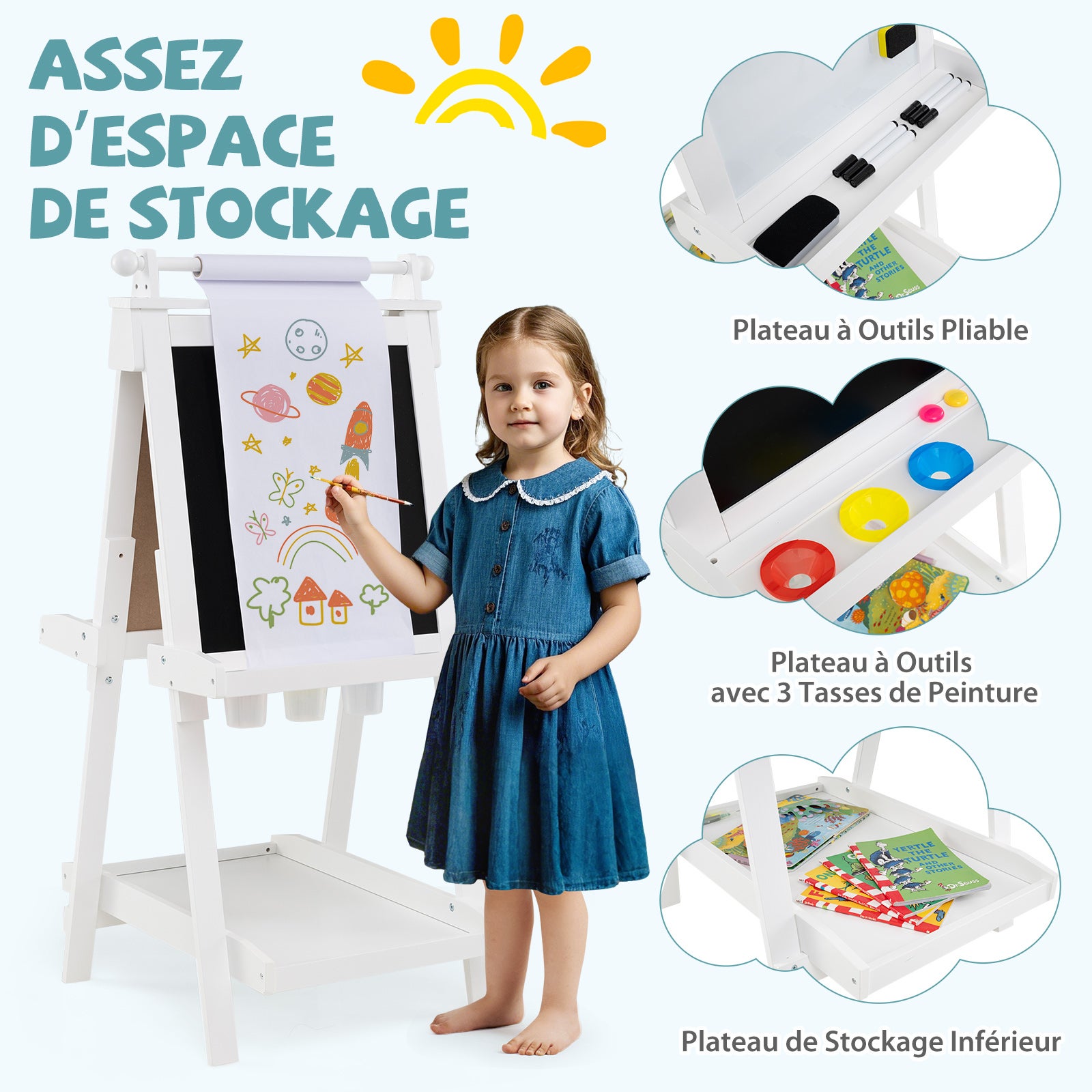 Chevalet Pliable pour Enfants, Double Face avec Tableau Noir et Tableau Blanc Magnétique, Rouleau de Papier Remplaçable, 3 Gobelets, Blanc - 2