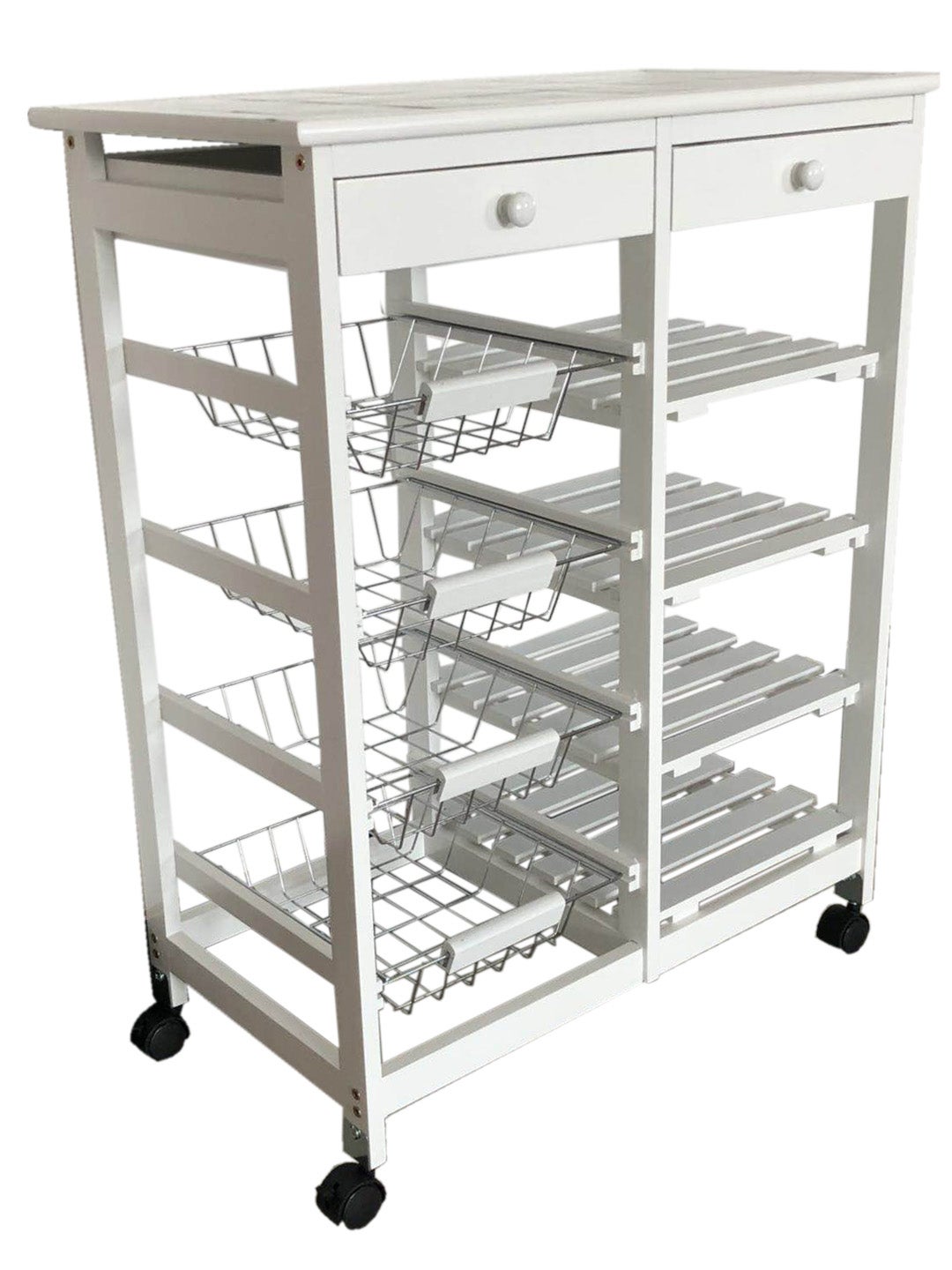 Meyvaser - Carrinho de cozinha duplo com 4 cestos 4 prateleiras e 2 gavetas Cor branca 85 x 67 x 37 Cm