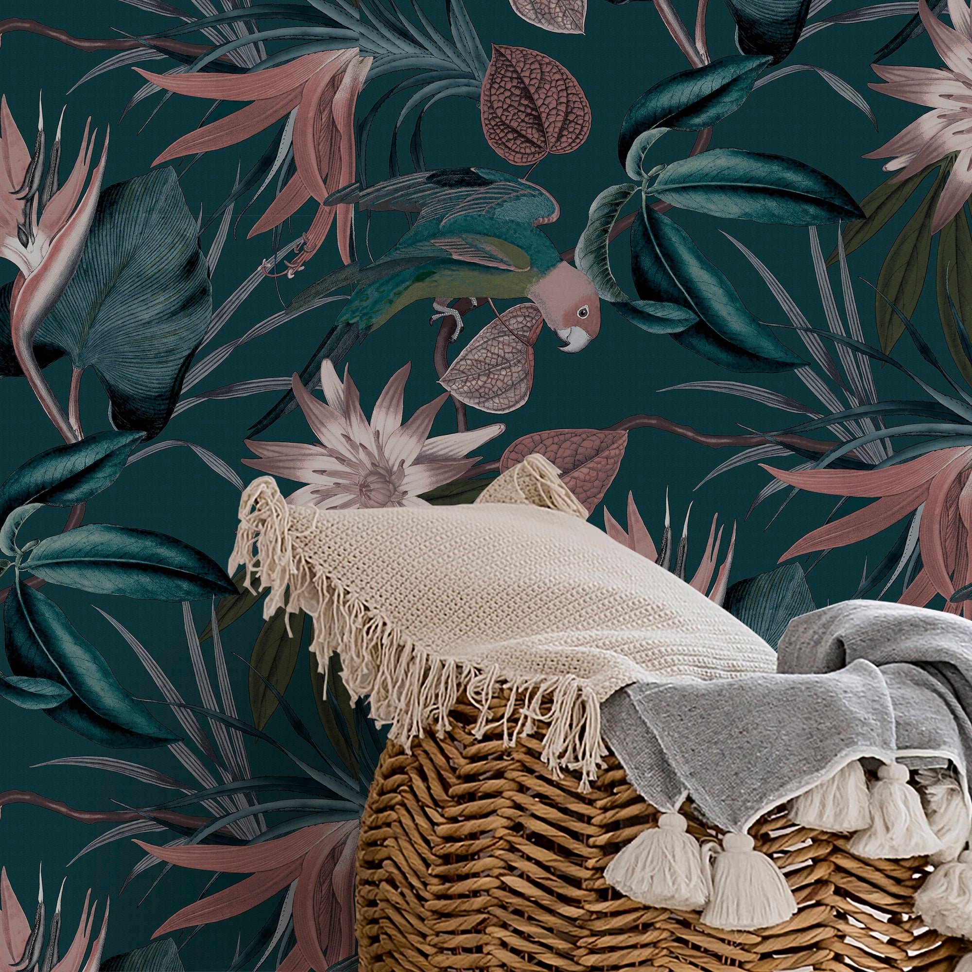Papier peint intissé Perroquets 1005 x 52cm Bleu,rose | Leroy Merlin