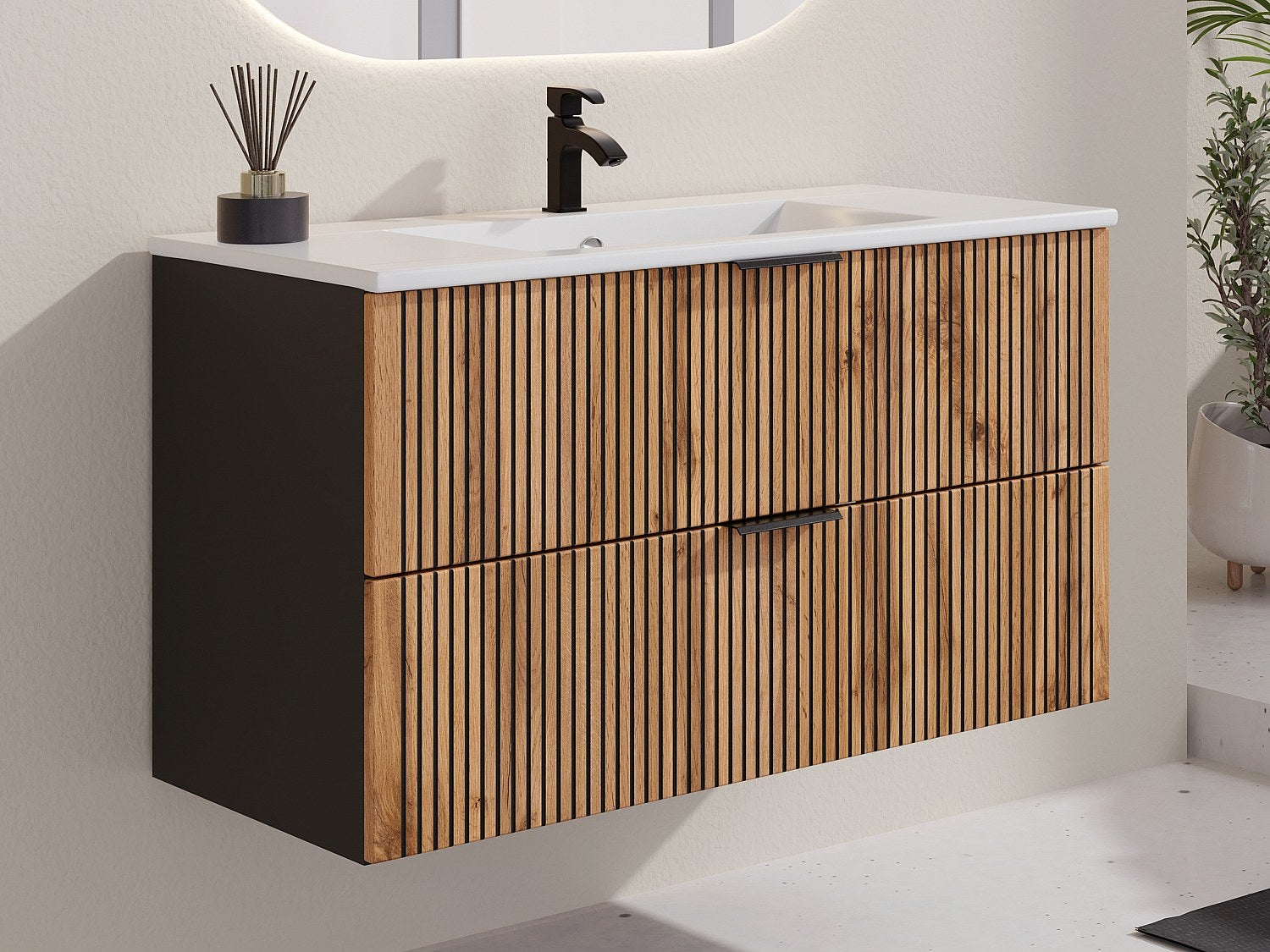 Szafka łazienkowa wisząca z umywalką wpuszczaną w blat - Naturalny jasny i czarny - 100 cm - MADELA