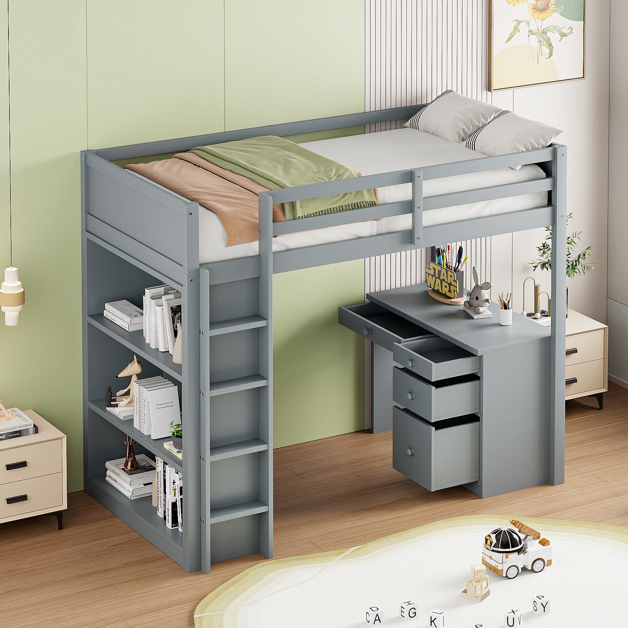 Letto a soppalco 90 x 200 cm con armadietti e scrivania per computer, letto a soppalco multifunzionale in legno per bambini in grigio - 2