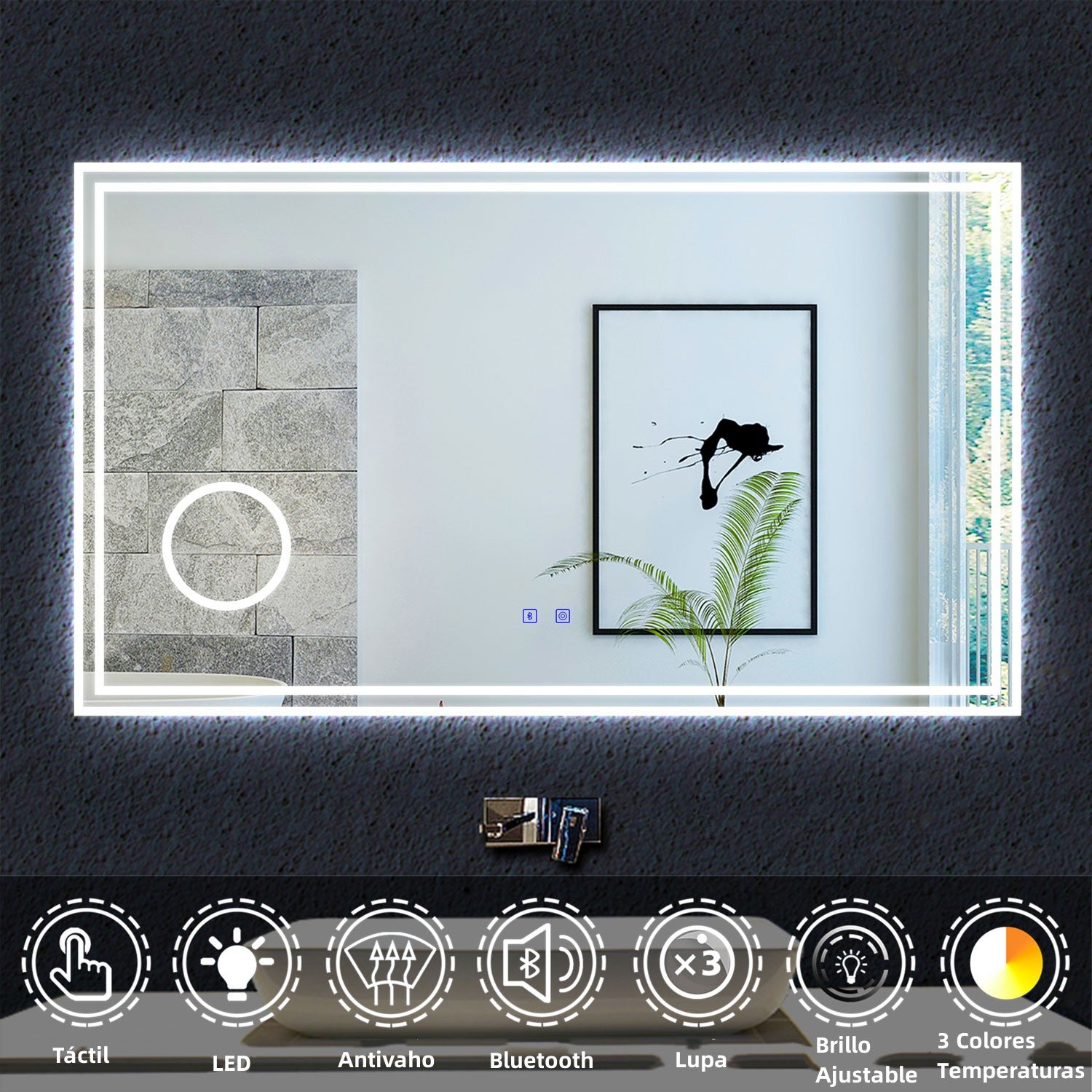 120 x 70 cm espejo baño bluetooth con temperatura ajustable led y lupa de maquillaje, espejo con dos botón táctil