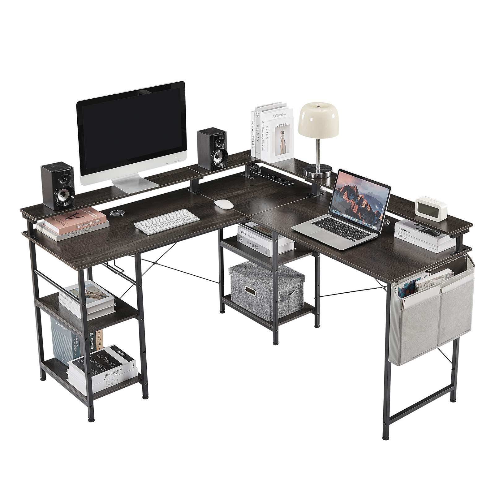Biurko Gamingowe narożne Tbfit z LED RGB zsynchronizowanym z muzyką, odwracalnym blatem, portami USB i 4 regulowanymi półkami - 2