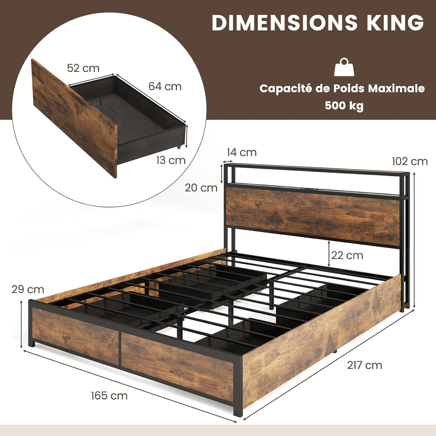 Letto con 4 Cassetti e Testiera, Struttura Letto 200x160 cm con Luci LED Regolabile e Presa Multipla, Carico Massimo 300kg, Silenzioso (200x16 - 2
