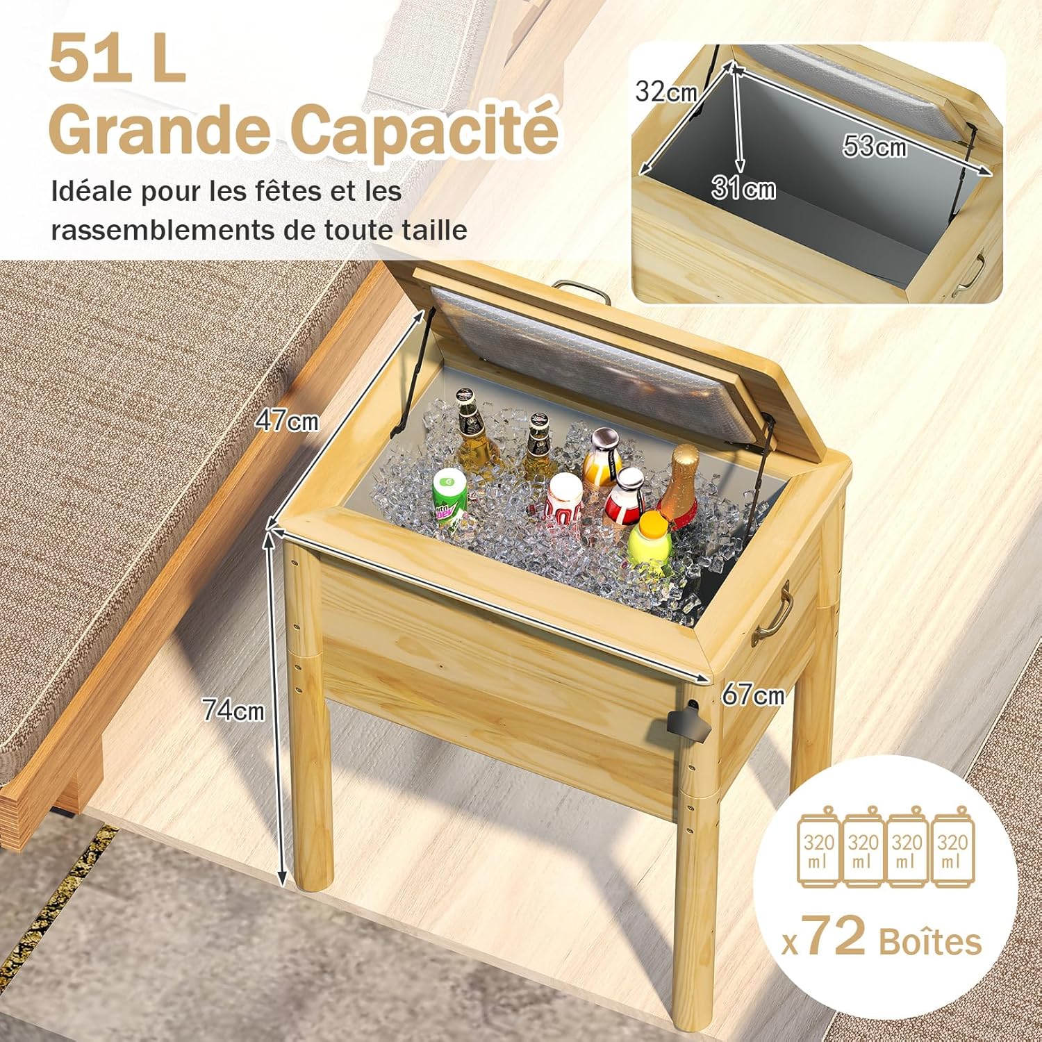 51 L Glacière Osotherme Bois Jardin, Glacière à Boissons Extérieure avec Poignées et Décapsuleur, pour Fête, Jardin, Bord de Piscine, 67 x 47 x 74 cm - 2