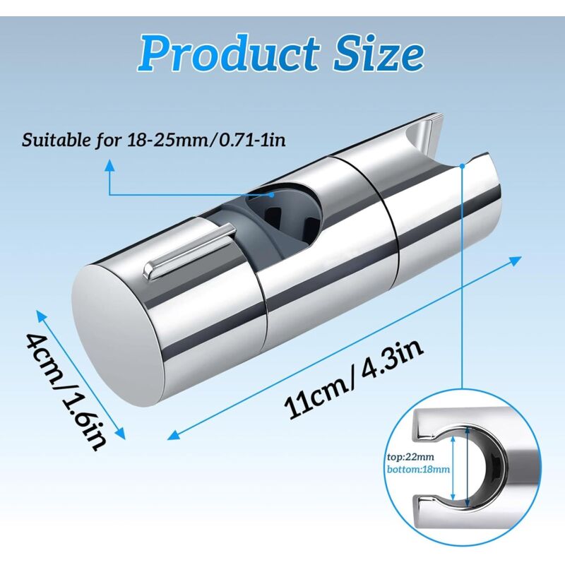 Support de pommeau de douche réglable 18-25 mm – Universel, sans perçage, pivotant – Argent – Pour barre de douche - 3