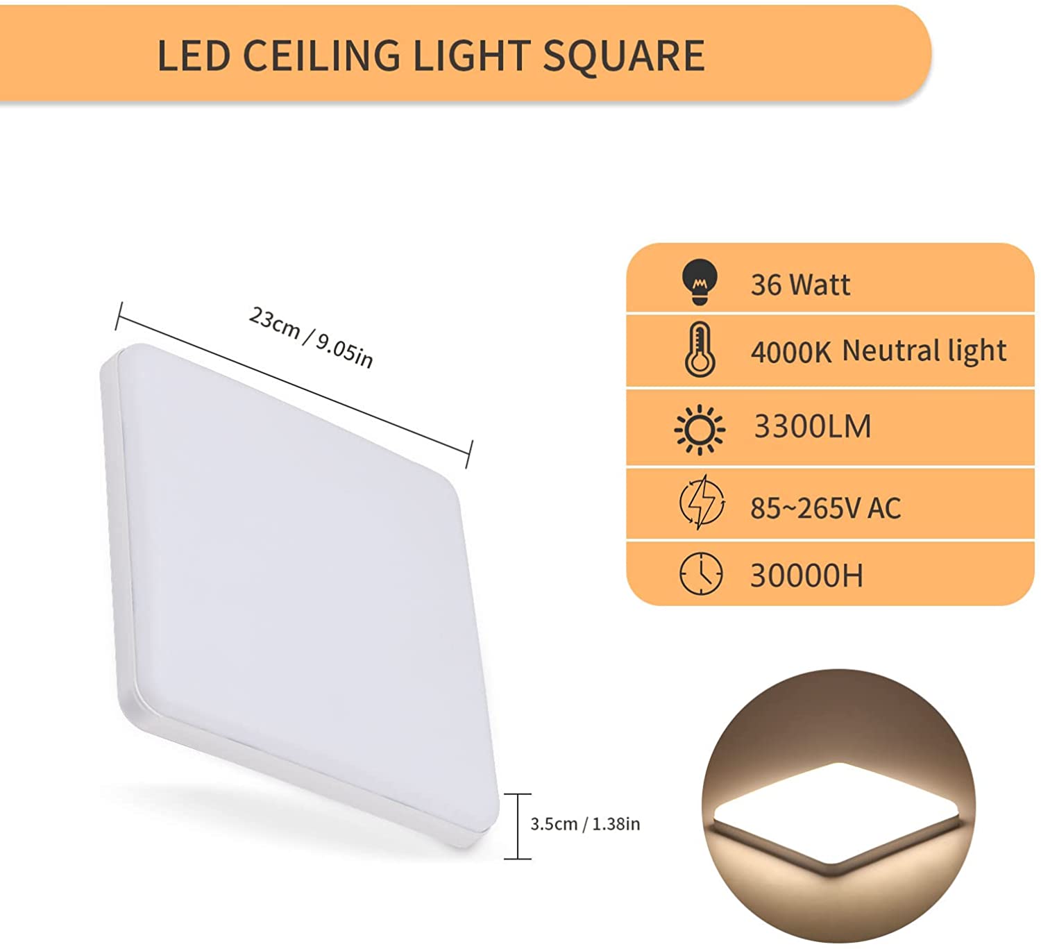 COMELY Plafonnier LED Carré Blanc 36W 4050 lm 4500K, Lampe de Plafond Moderne pour Cuisine Salon Chambre - 5