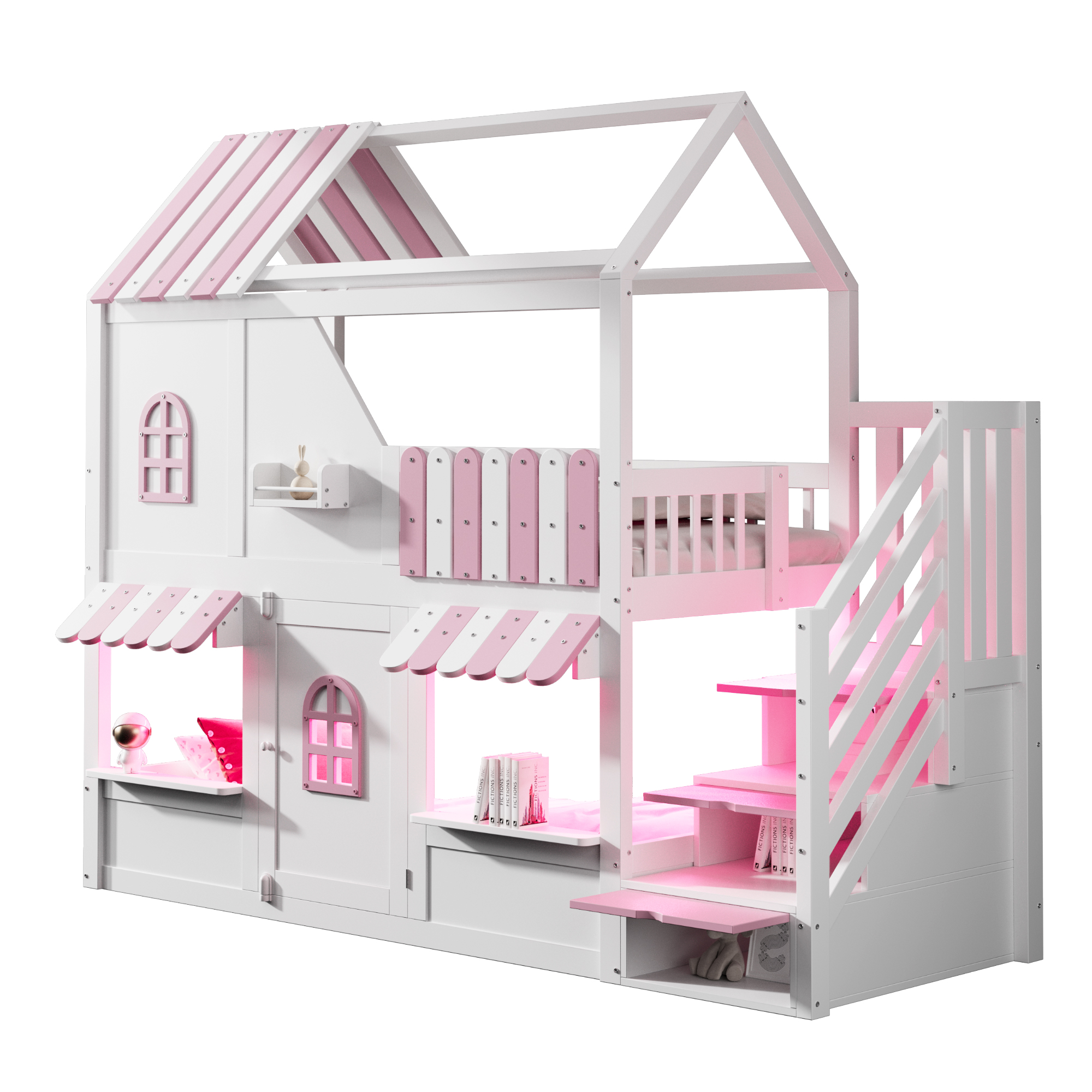 Lit superposé 90 x 200 cm avec fenêtres, toit, auvent, rambarde et porte - Pin + contreplaqué + MDF - LEDs - Rose + blanc (Sans matelas) - 9
