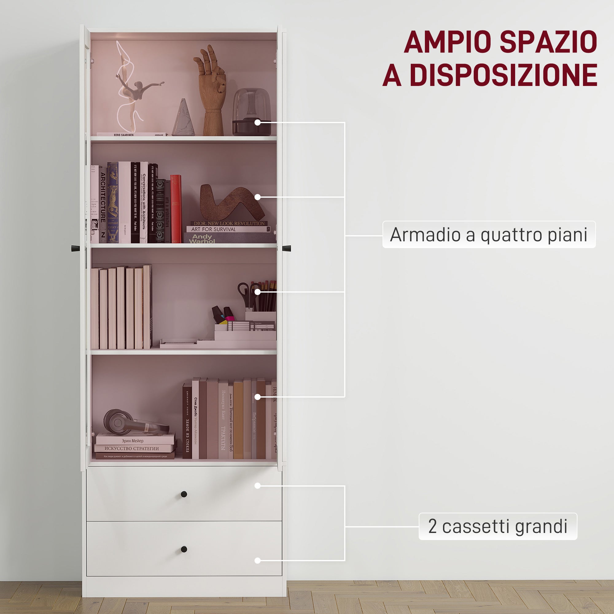 HOMCOM Credenza Cucina con Armadietto e 2 Cassetti, Ante in Vetro e Ripiani Regolabili, 59x30x164 cm, Bianco - 4