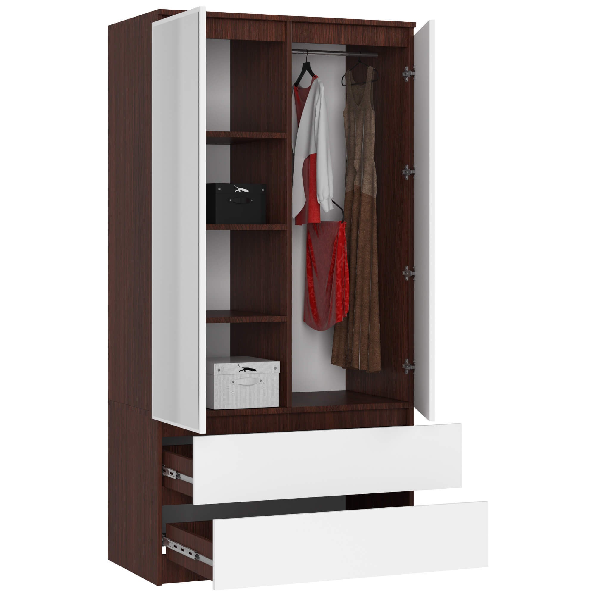 Armoire AKORD S90 avec miroir Wengé 90 cm 2 portes 2 tiroirs façade Blanche 4 étagères 90x51x180 cm - 2