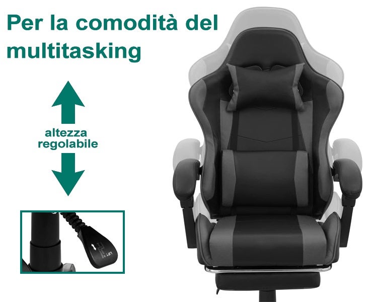 Sedia Poltrona Gaming Ergonomica Reclinabile con Poggiapiedi Poggiatesta e Supporto Lombare Ruote Girevoli Nero/Grigio HLD-920 - 6