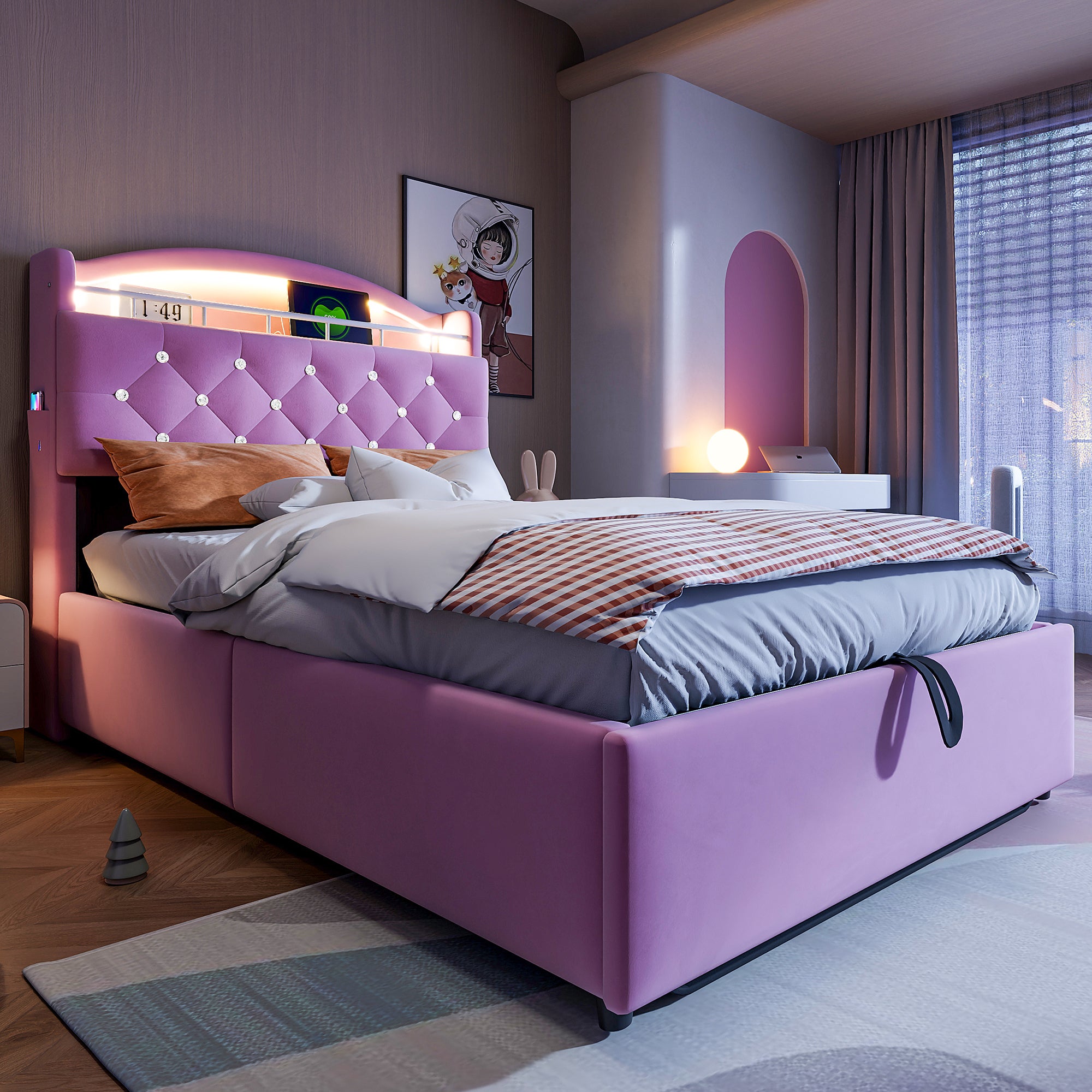 Lit rembourré 90x200 cm,Lit Enfant avec lumière LED et USB,avec Espace de Rangement,Lit Simple multifonctionnel,Velours,Rose (Matelas Non Inclus) - 4