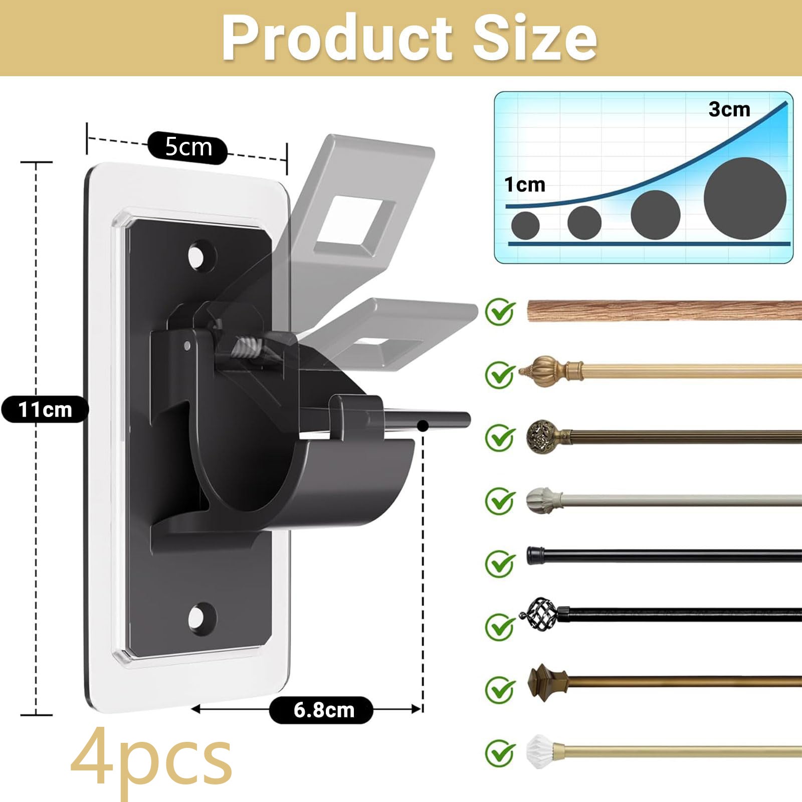 Lot de 4 supports de tringle à rideaux, supports autocollants sans perçage, crochets sans clous, pour salle de bain et salon, noir - 2