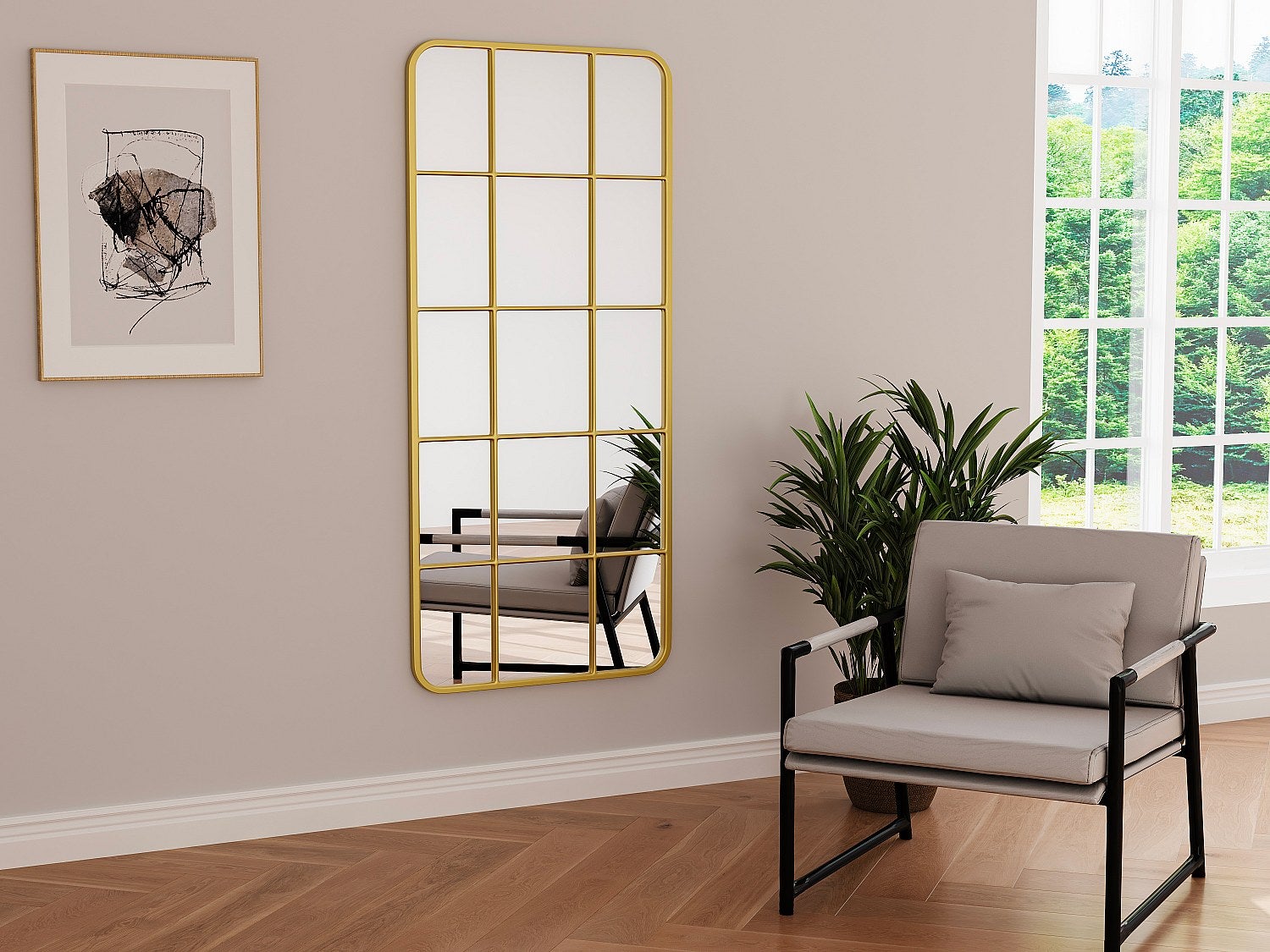 Lustro metalowe w kształcie okna - szer. 60 x wys. 140 cm - Złoty - SCIARA