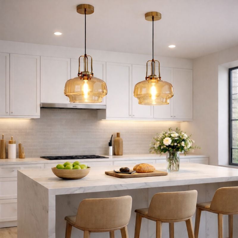 Lámpara Colgante De Vidrio Ámbar BRT - Diseño Moderno Dorado, Regulable, Para Cocina O Salón, Incluye Bombilla E27