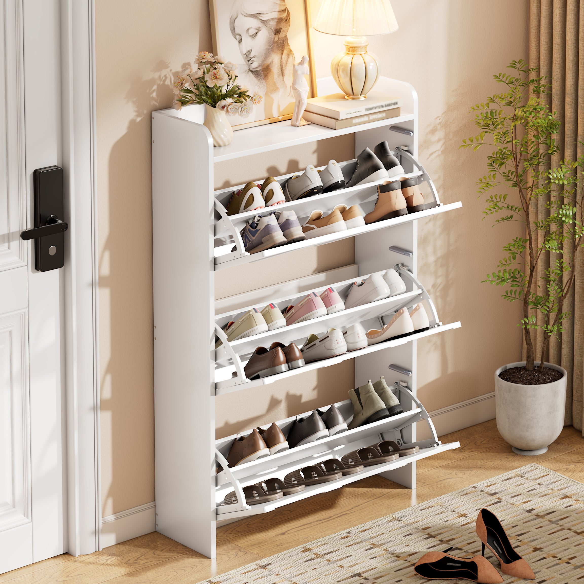 Szafka na buty 70 x 25 x 120 cm - z 6 przegródkami - 3 drzwiczkami opuszczanymi - płyta MDF - biała
