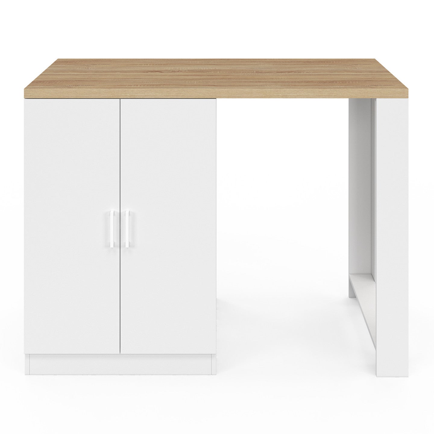 Ilot central LINO 120 cm 2 personnes bois blanc et plan de travail façon hêtre et portes vitrées - 4