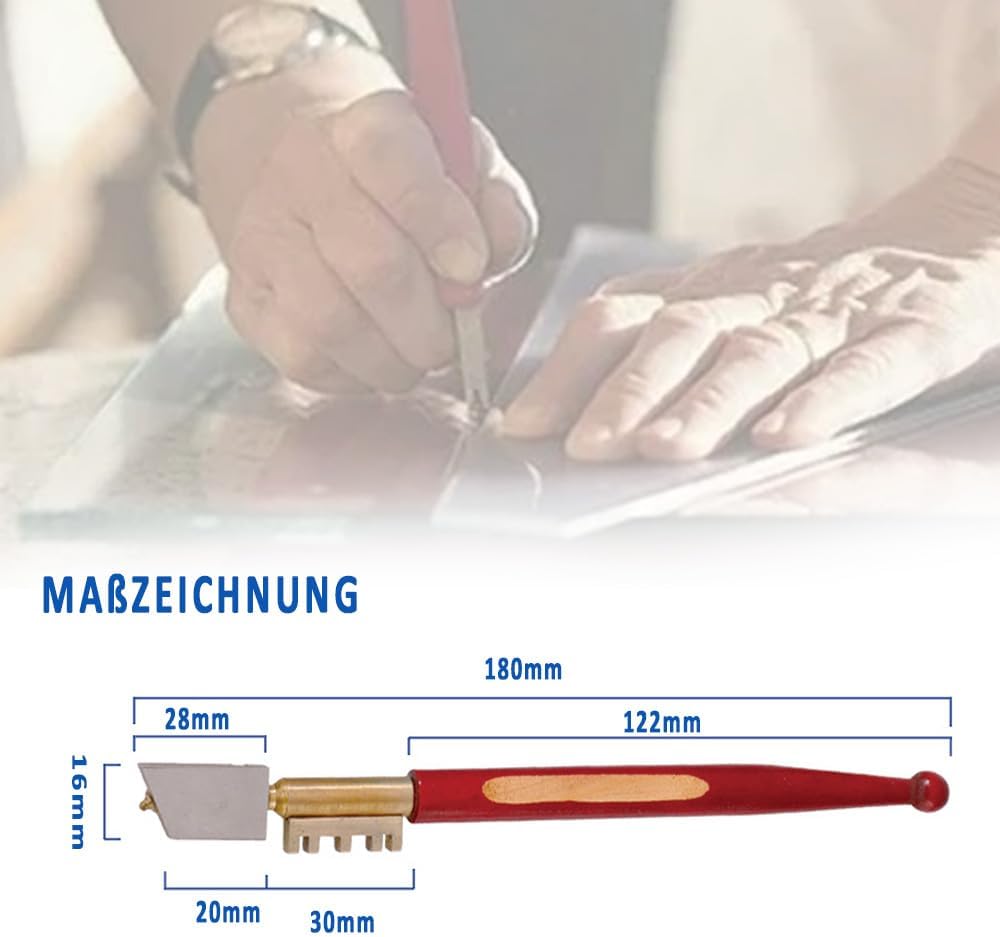 Utensile per il taglio del vetro, tagliavetro diamantato per impieghi gravosi per tagliare vetri fino a 8 mm di spessore – Manico in ottone – Manico i - 2