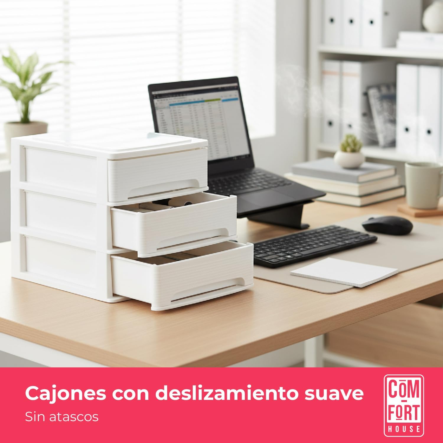 COM-FORT HOUSE | Cajonera Apilable de Plástico | Modelo Lineas | Color Blanco| Modelo de 3 Cajones | Cajones de Almacenamiento Modular - 4