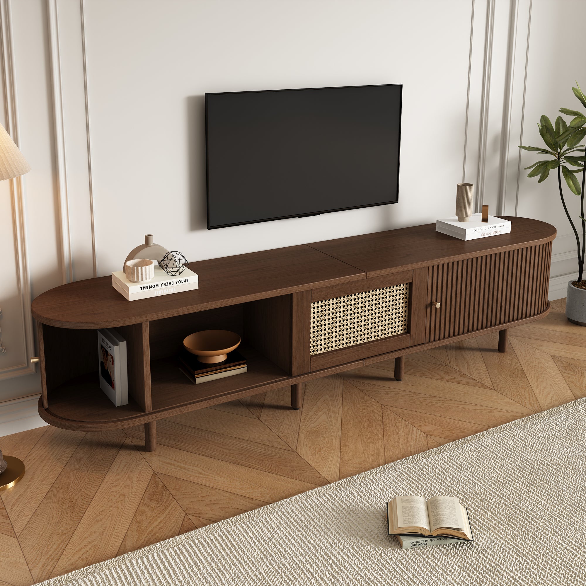 Owalna szafka RTV z 2 drzwiami przesuwnymi i 1 szufladą rattanową - 180 x 40 x 40 cm - drewno MDF - ciemny orzech - 2
