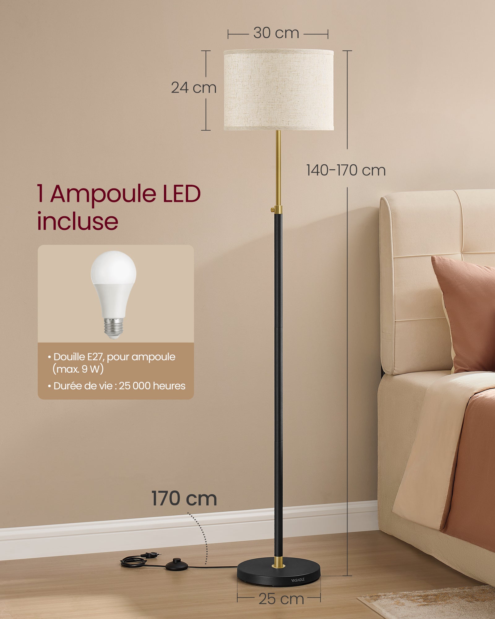 VASAGLE Lampe sur Pied, Hauteur Réglable de 140 à 170 cm, Abat-Jour en Tissu, Douille E27, Doré et Noir - 5