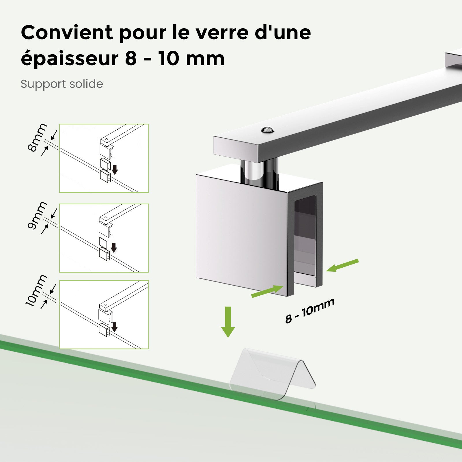 Barre de stabilisation réglable 700-1200mm pour paroi de douche à l’italienne, compatible verre 8-10mm, fixation murale en acier inox - 3