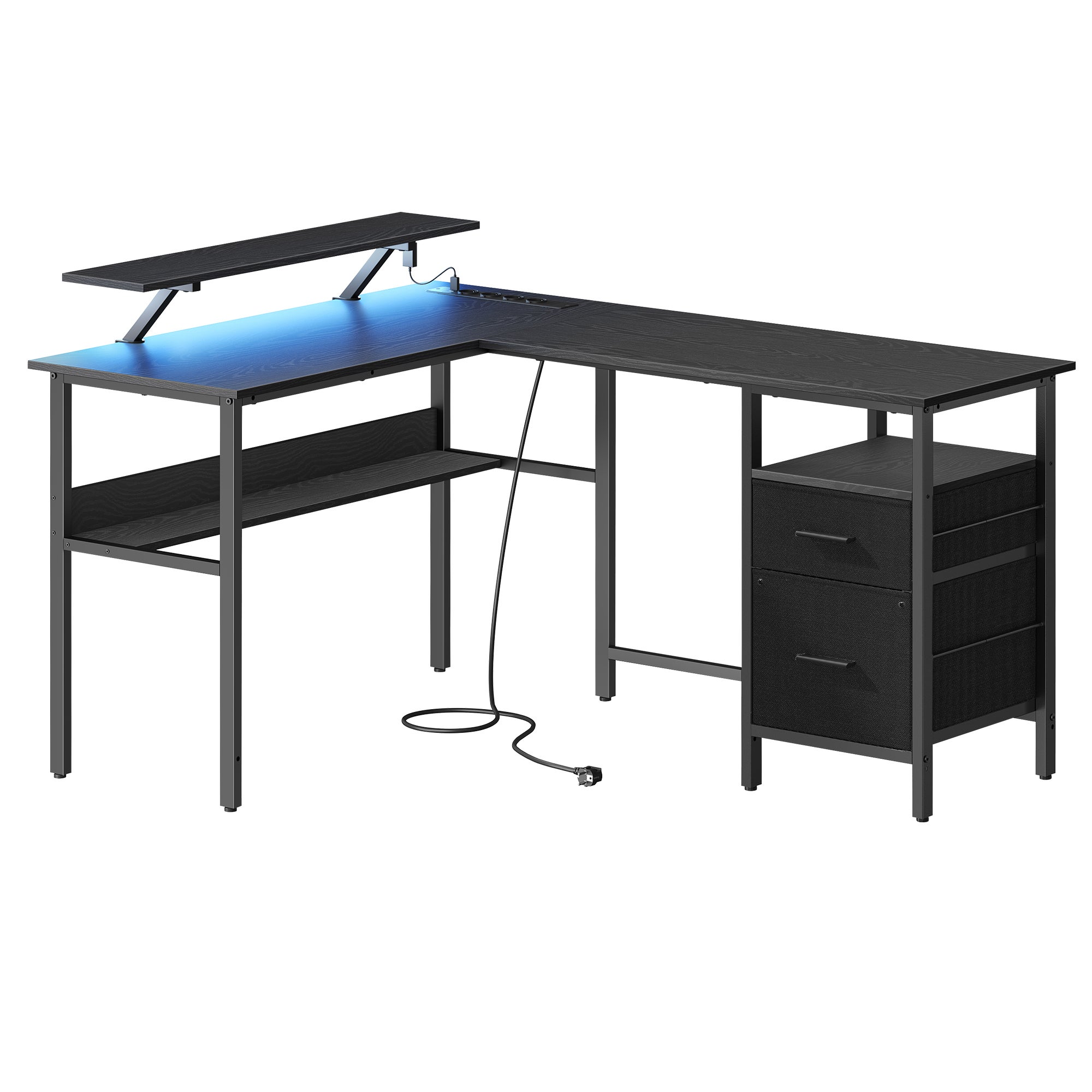 Scrivania a L con Prese di Corrente, Tavolo Angolo, Supporto Monitor, Luci LED, 2 Cassetti, 2 USB, Nero Ebano | Leroy Merlin
