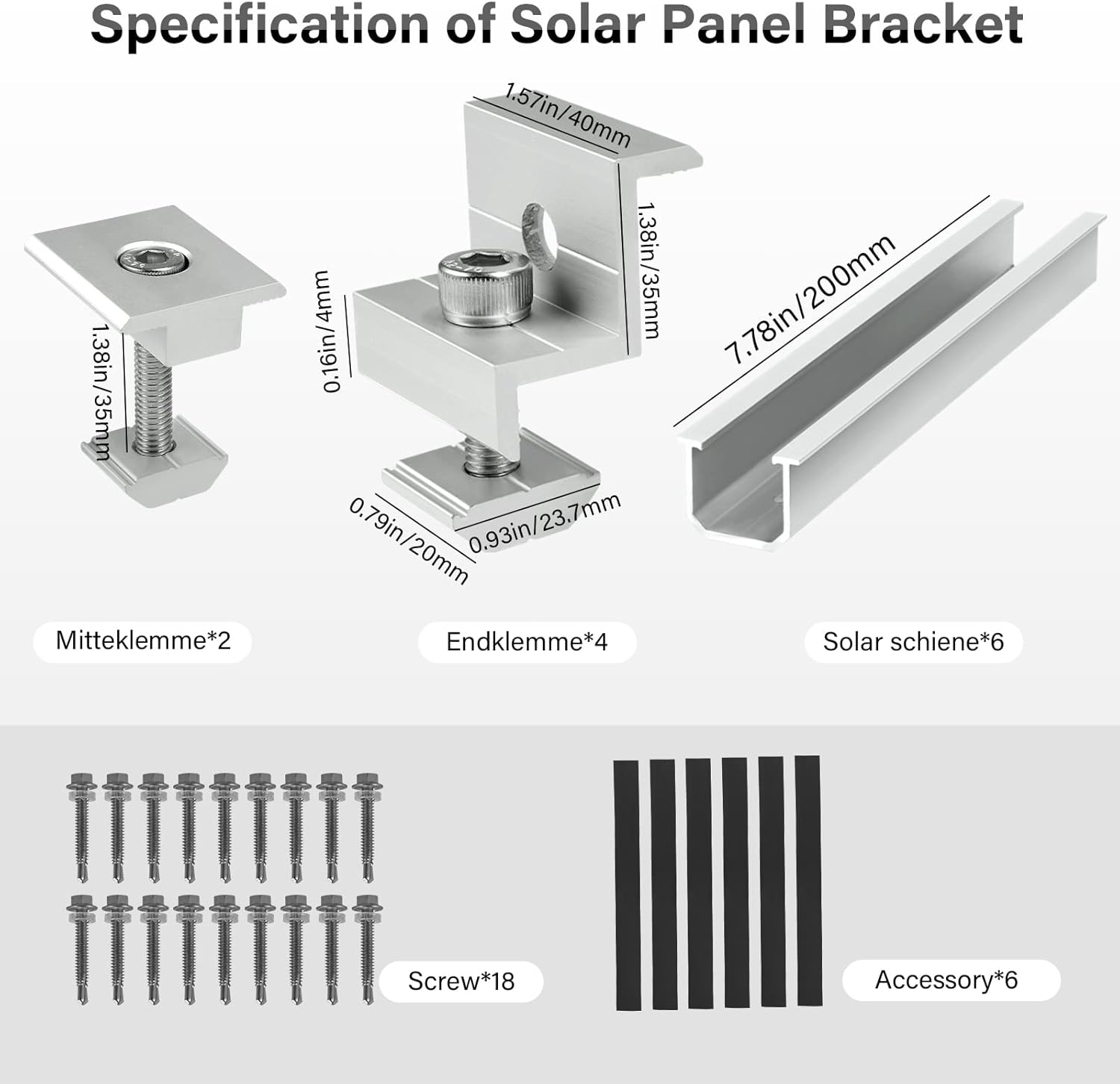 Kit de montage de panneaux solaires, support de montage de panneaux solaires, 6 rails en aluminium et 6 colliers pour kit de montage PV - 2