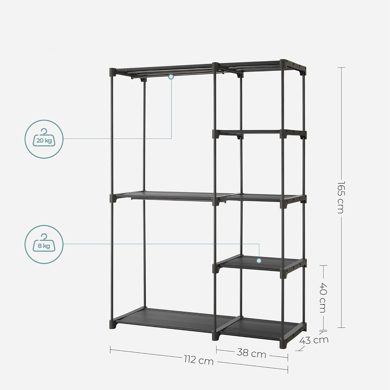 SONGMICS Armoire de Rangement, Penderie Pliable, Dressing, Armoire Métallique, avec Barres de Suspension, Porte-vêtements, 112 x 43 x 165 cm, Noir - 5