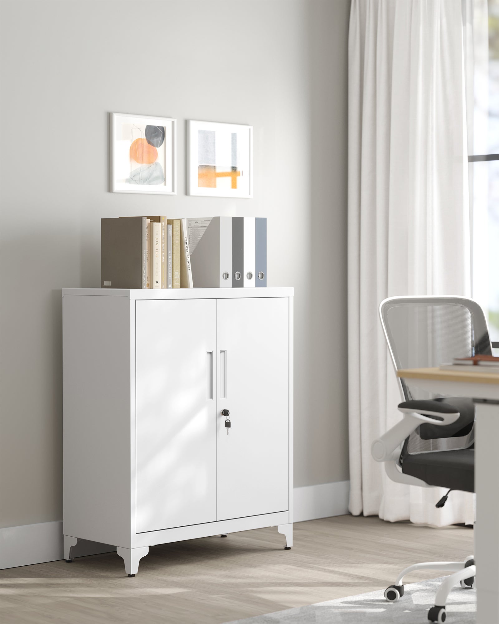 Caisson de Bureau, Placard Polyvalent, Armoire de Bureau à 2 Portes, Verrouillable, Meuble de Rangement en Acier, pour Bureau, Salon, Blanc Mat - 2