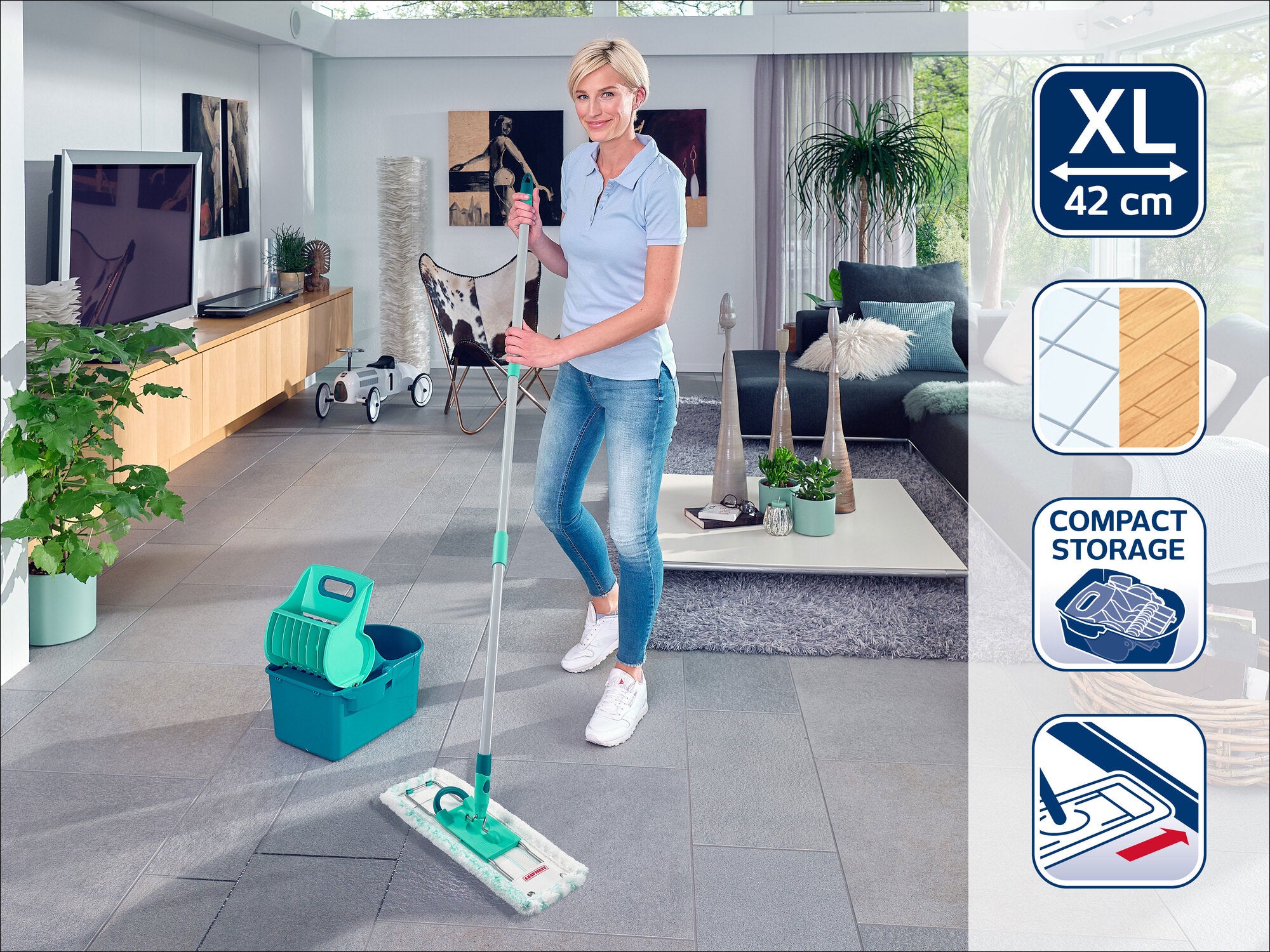 Set balai serpillère avec seau essoreur Profi Compact 55092 Leifheit, lave sol serpillière à plat 42 cm, livré avec housse - 2