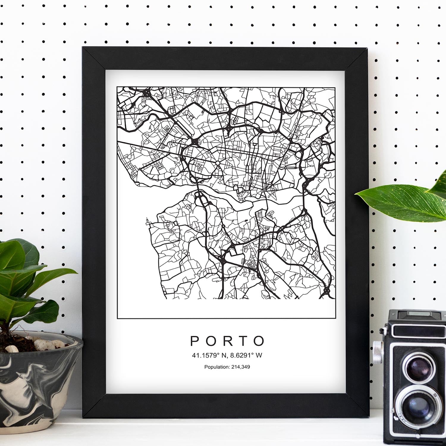 Lámina mapa de la ciudad porto estilo nordico en blanco y negro. sin marco - a4